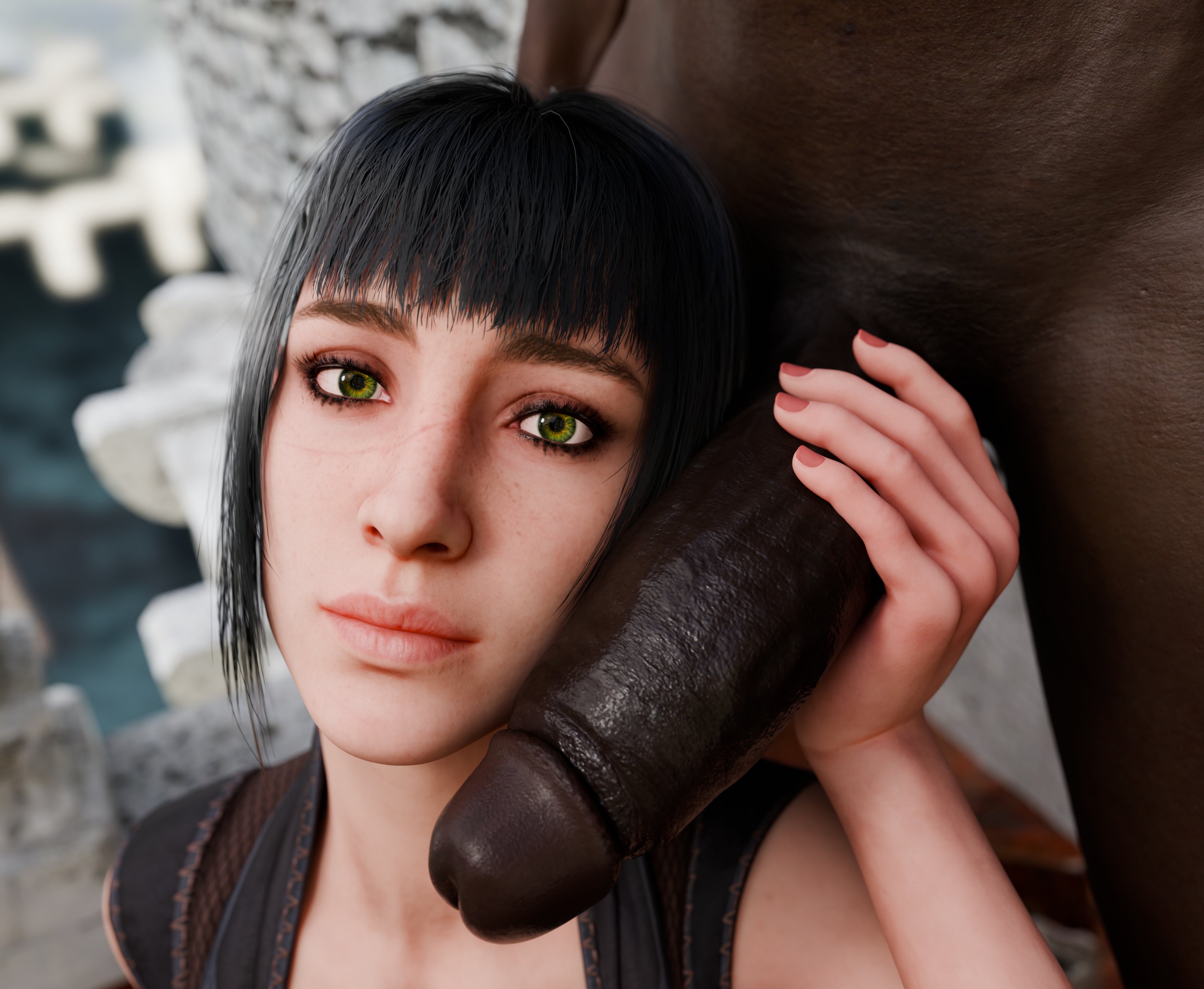 1boy, 1girls, 3d, baldur's gate 3, big penis, black hair, clothed, clothed female, clothed female nude male, cock, completely nude, dark skin, dark-skinned male, derpderp, dungeons and dragons, duo, elf, elf ears, facial scar, female, grabbing penis, green eyes, hand on penis, huge cock, interracial, light skin, light-skinned female, looking at viewer, male, male/female, nail polish, nude, painted nails, penis, penis on face, pink nails, pointy ears, posing with penis, scar, shadowheart, straight, submissive female, tagme, unseen male face