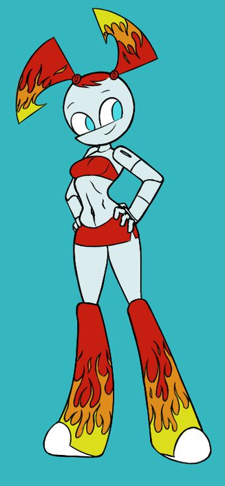 blue_background blue_eyes cropped_image hands_on_hips jenny_wakeman jenny_wakeman_(makeover) looking_at_another miniskirt my_life_as_a_teenage_robot nickelodeon red_bra red_skirt robot robot_girl skirt small_breasts smile smiling smooth_skin standing velenor xj-9