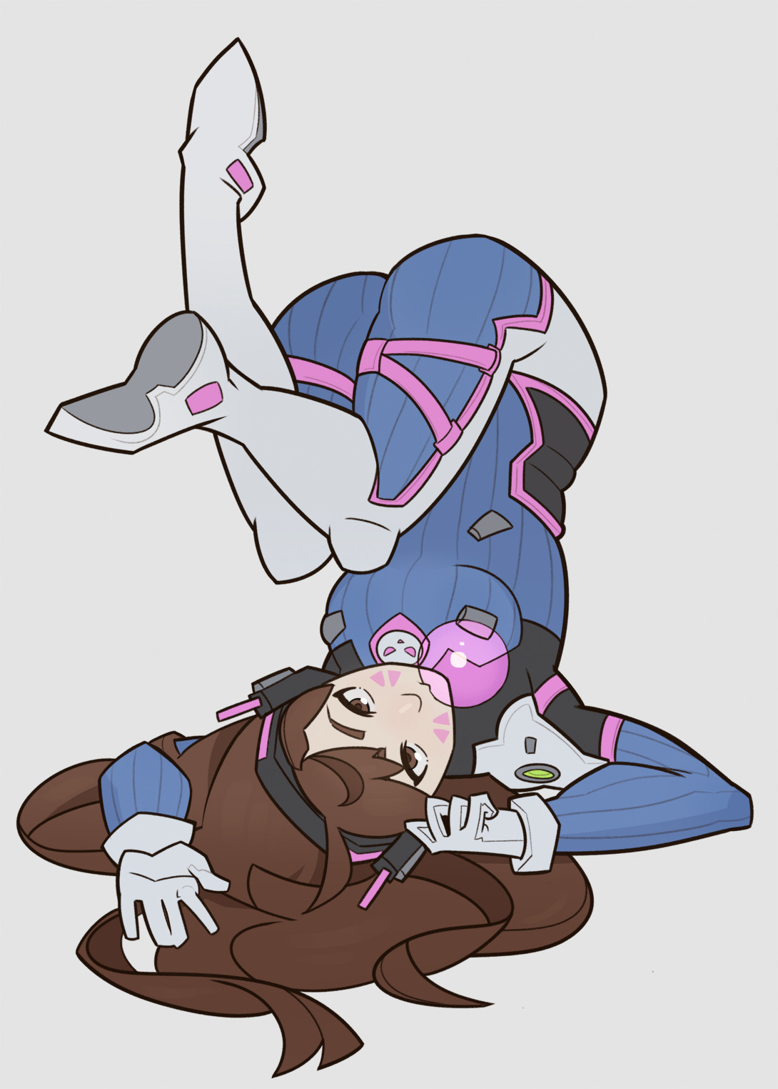 ass, blizzard entertainment, bodysuit, brown eyes, brown hair, bubble gum, clothed, d.va, facial markings, female, headset, human, overwatch, solo, splashbrush, thick thighs, upside-down, whisker markings