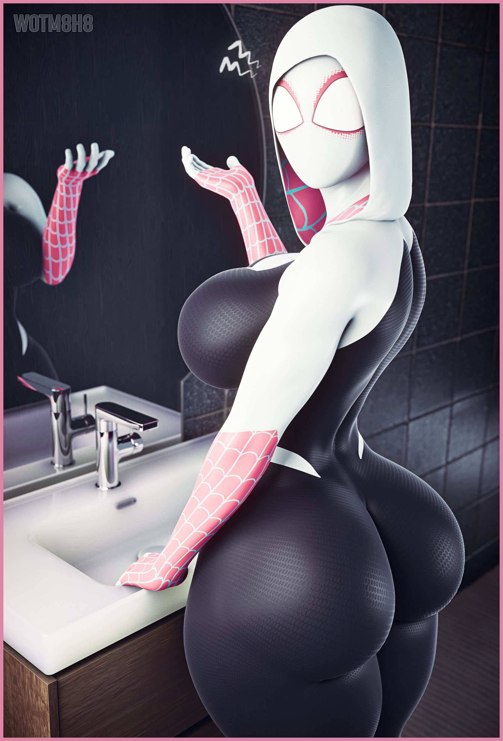 1boy, 1girls, 3d, anon, anonymous male, ass, ass focus, ass grab, ass up, big ass, big breasts, big butt, bigger female, bodysuit, breasts, clothed, female, female focus, giantess, gwen stacy, gwen stacy (spider-verse), height difference, heroine, large boobs, large breasts, large female, larger female, male, marvel, marvel comics, mask, masked, masked female, mini giantess, shorter male, size difference, smaller male, sony, spider-gwen, spider-man (series), spider-man: across the spider-verse, spider-man: into the spider-verse, superheroine, thick thighs, thighs, wotm8h8, you