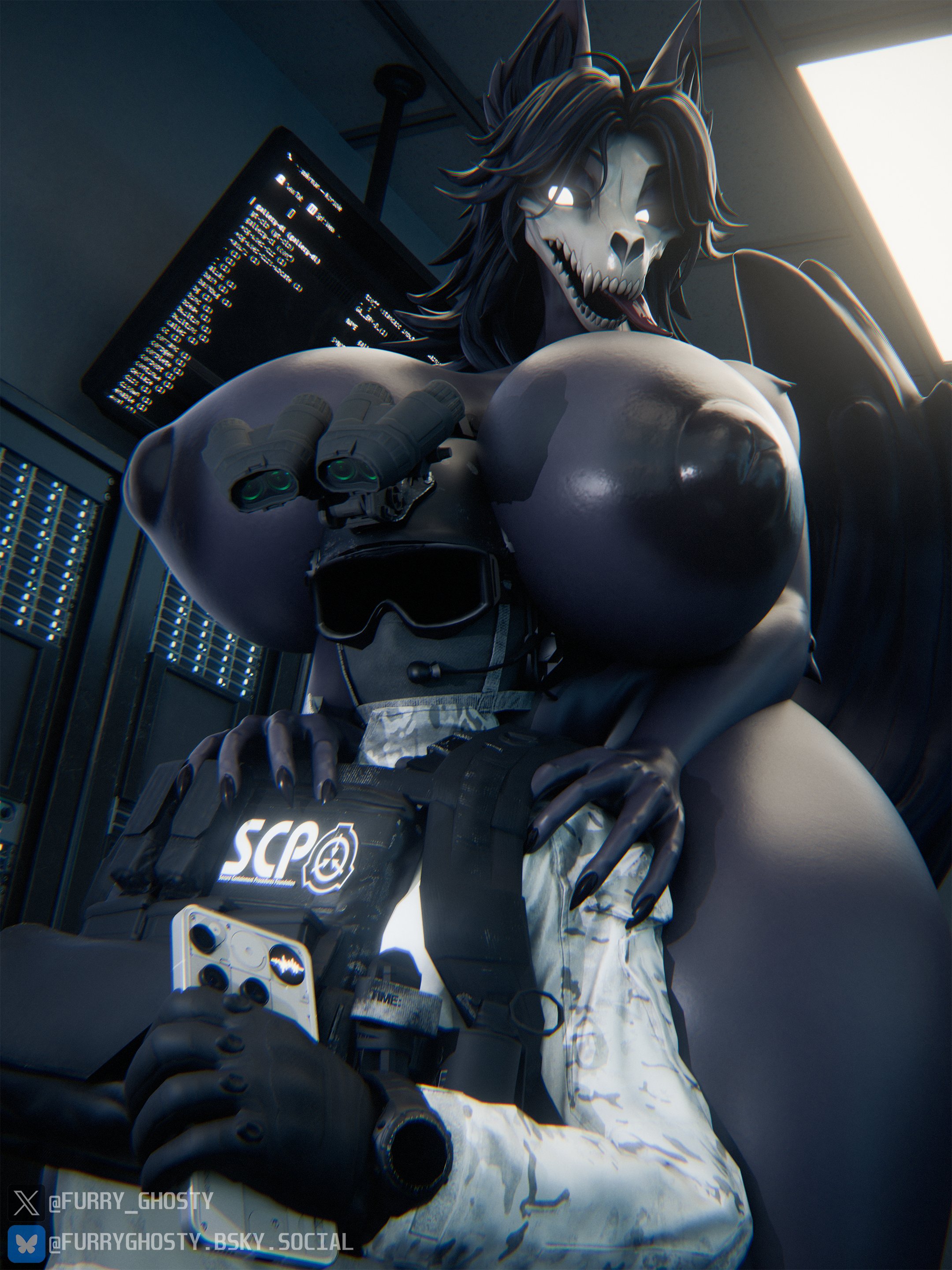 1boy, 1girls, big breasts, breasts bigger than head, furry ghosty, head between breasts, huge breasts, large breasts, mal0, malo, scp foundation, scp-1471, scp-1471-a, scp-1471-a (da.nilkaz), size difference, skull head, taller female