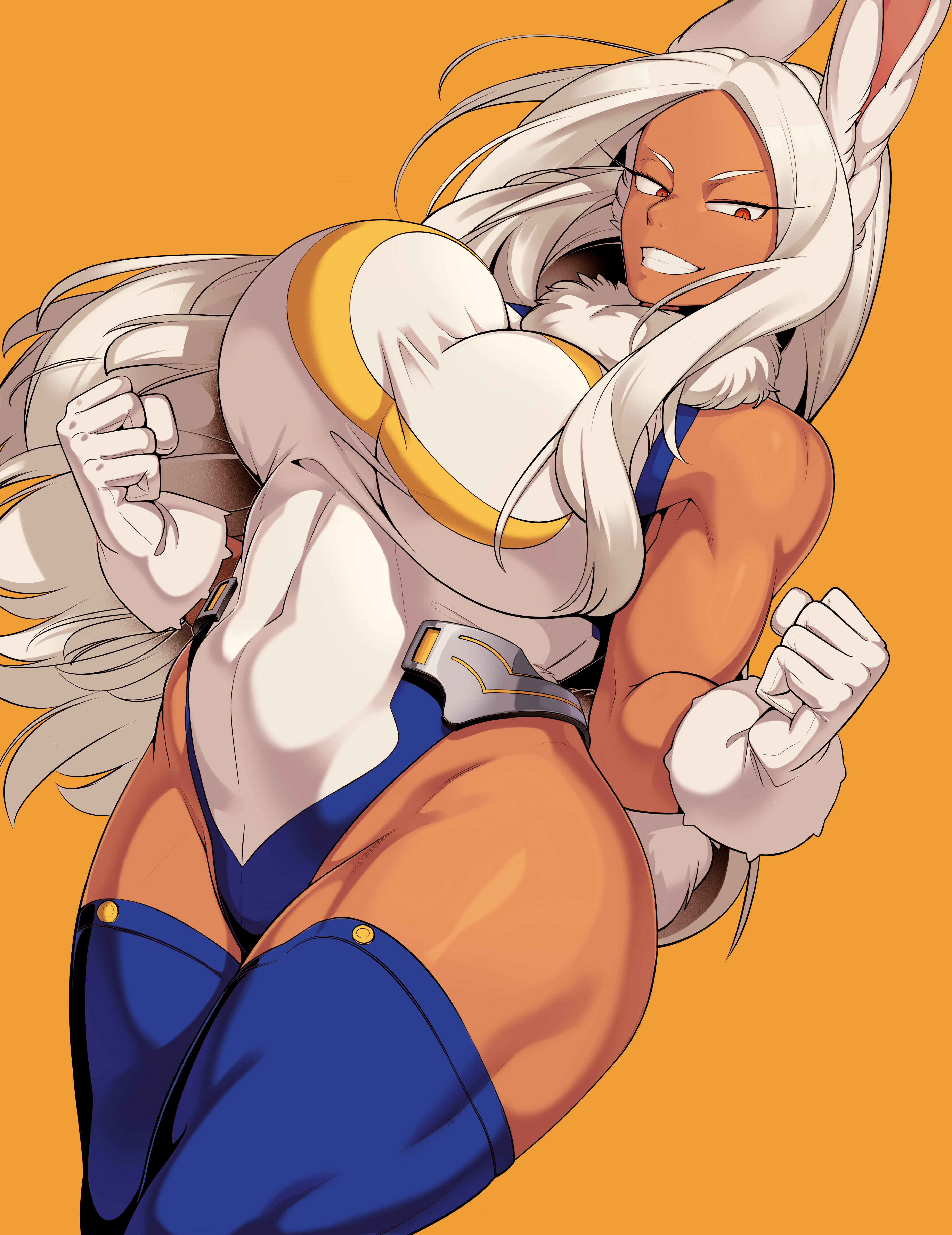 animal ears, boku no hero academia, breasts, cervina7 (artist), dark-skinned female, female, hair, large breasts, long hair, mirko, miruko, muscular female, my hero academia, rabbit girl, tagme, thick thighs, white hair