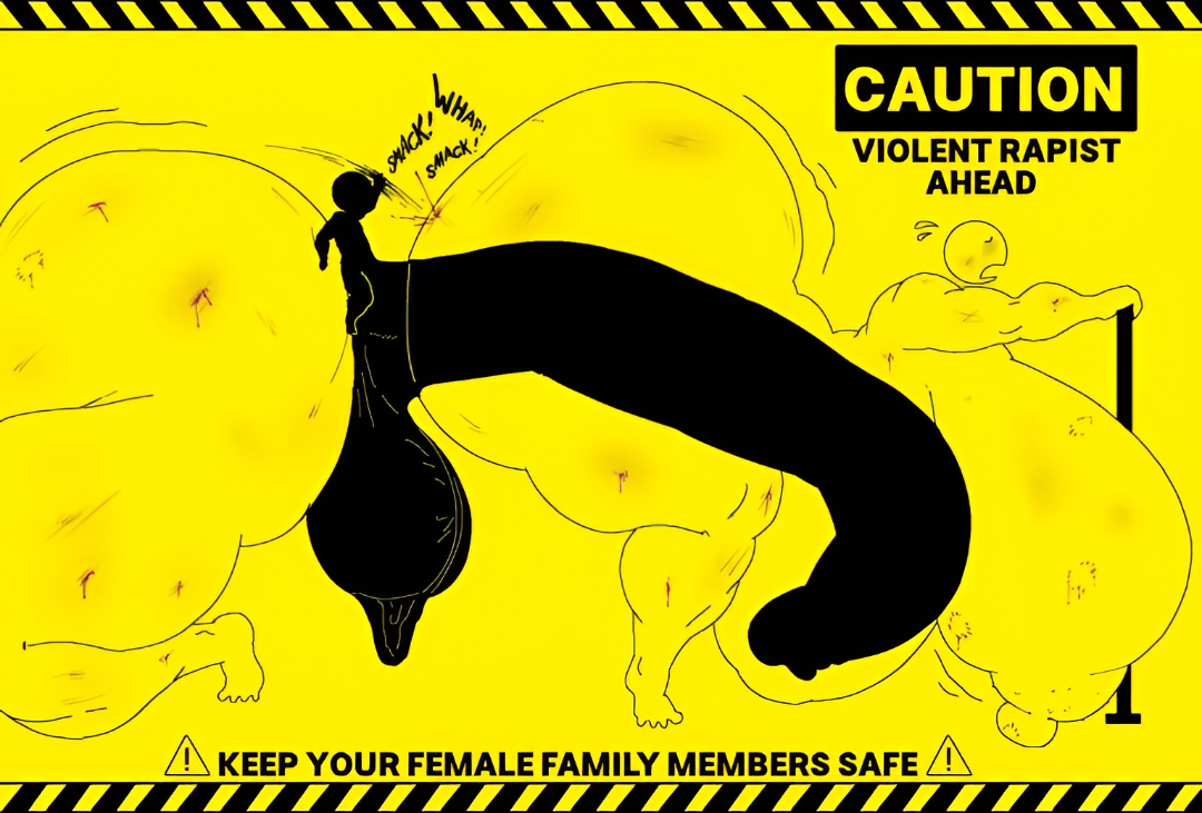 big penis, black body, child penetrating parent, fat ass, rape, scar, scars, small but hung, smaller male, unknown age, varix, violence, violent, violent rape, violent sex, warning, warning sign, warning sign person, warning symbol, yellow background