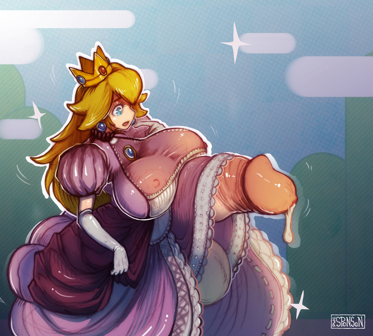 1futa, accidental exposure, balls, big penis, breasts, casual, casual boner, casual erection, casual nudity, clothed, clothing, dress, dress lift, elbow gloves, erection, futa only, futanari, gloves, human, hyper, hyper balls, hyper penis, intersex, long hair, mario (series), nintendo, nipples, outdoors, pale skin, penis, pink dress, precum, princess peach, pwcsponson, solo, standing, super mario bros., testicles
