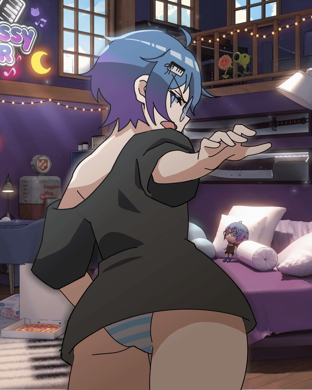 1boy, 1femboy, animated, ass, ass focus, ass slap, ass smack, bedroom, black shirt, blue eyes, blue hair, butt, butt focus, butt slap, butt smack, debussy asmr, femboy, femboy only, gay, glasses, male focus, male only, panties, smack, smacking ass, smacking butt, smacking own ass, solo male, tagme, thick thighs, thighs, unknown artist