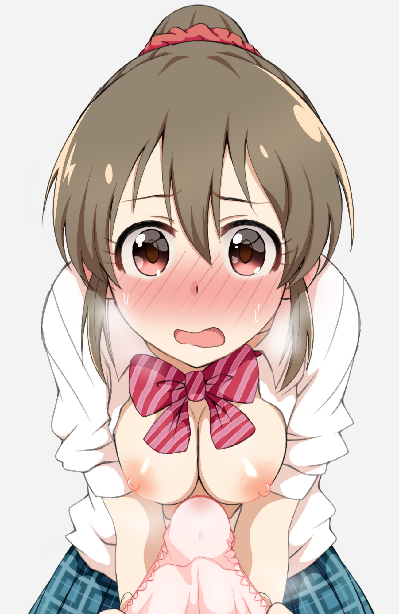 blush, bow, breasts, breasts out, brown eyes, brown hair, erection, female, highres, hori yuuko, idolmaster, idolmaster cinderella girls, male, medium breasts, nipples, panties, pantyjob, penis, penis awe, pink panties, ponytail, school uniform, skirt, sweatdrop, unbuttoned, underwear, wasabi (nmrw4477)