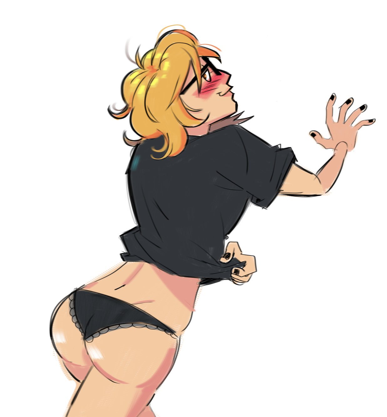 ambiguous gender, ass focus, black clothing, black fingernails, black panties, black shirt, blonde hair, blush lines, blushing, blushing at viewer, crossdressing, fact attack adventures, facty (fact attack adventures), glasses, lace-trimmed panties, looking at viewer, looking back, panties, taking off shirt