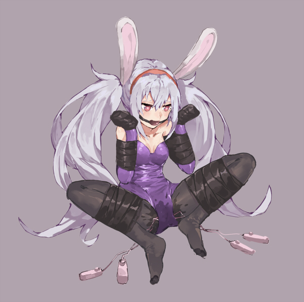 amiba (amiba00638239), animal ears, azur lane, ball gag, bare shoulders, bitchsuit, black legwear, blush, bondage, bound, bound arms, bound legs, breasts, bunny ears, bunnysuit, clothing, collarbone, controller, elbow gloves, female, full body, gag, gagged, gloves, hairband, hands up, heart, heart-shaped pupils, laffey (azur lane), leotard, long hair, medium breasts, pantyhose, pink eyes, purple background, purple gloves, purple leotard, pussy, pussy juice, red hairband, remote control, remote control vibrator, shiny, shiny clothes, silver hair, simple background, sitting, solo, spread legs, strapless, strapless leotard, symbol-shaped pupils, tied hair, twintails, vibrator, vibrator cord, vibrator under clothes, wet, wet clothes