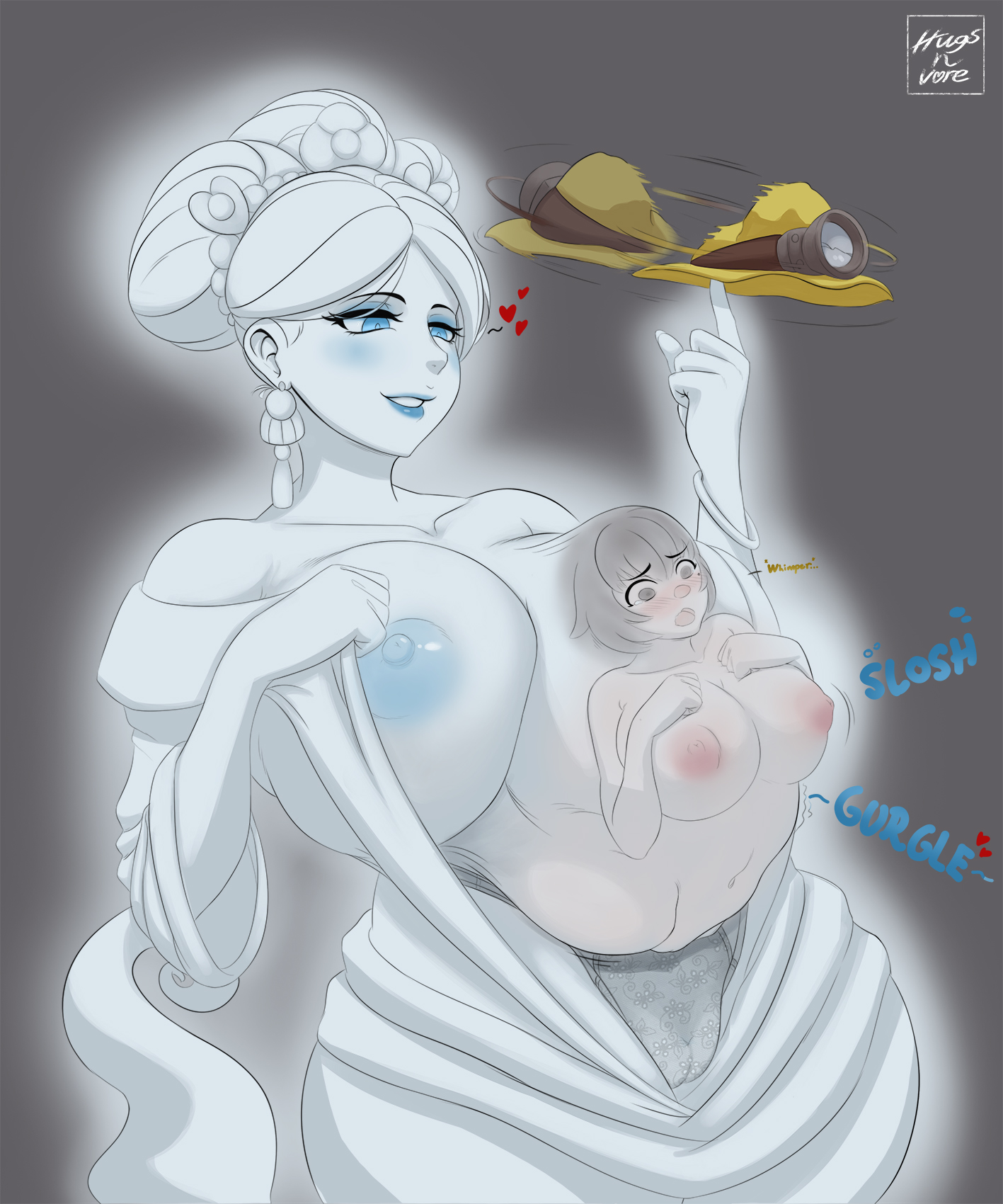 2girls, after vore, blue lips, blue nipples, female, female only, female pred, female prey, ghost, ghost (spelunky), ghost girl, hugsandv0re, milf, post-vore, spelunky, vore