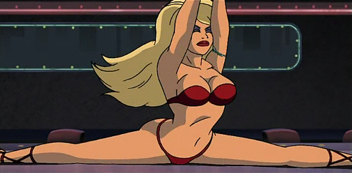 blonde_hair cleavage closed_eyes collarbone erotica_jones pamela_anderson pole_dancing red_bra red_high_heels red_lips red_panties screenshot strip_club stripper stripperella