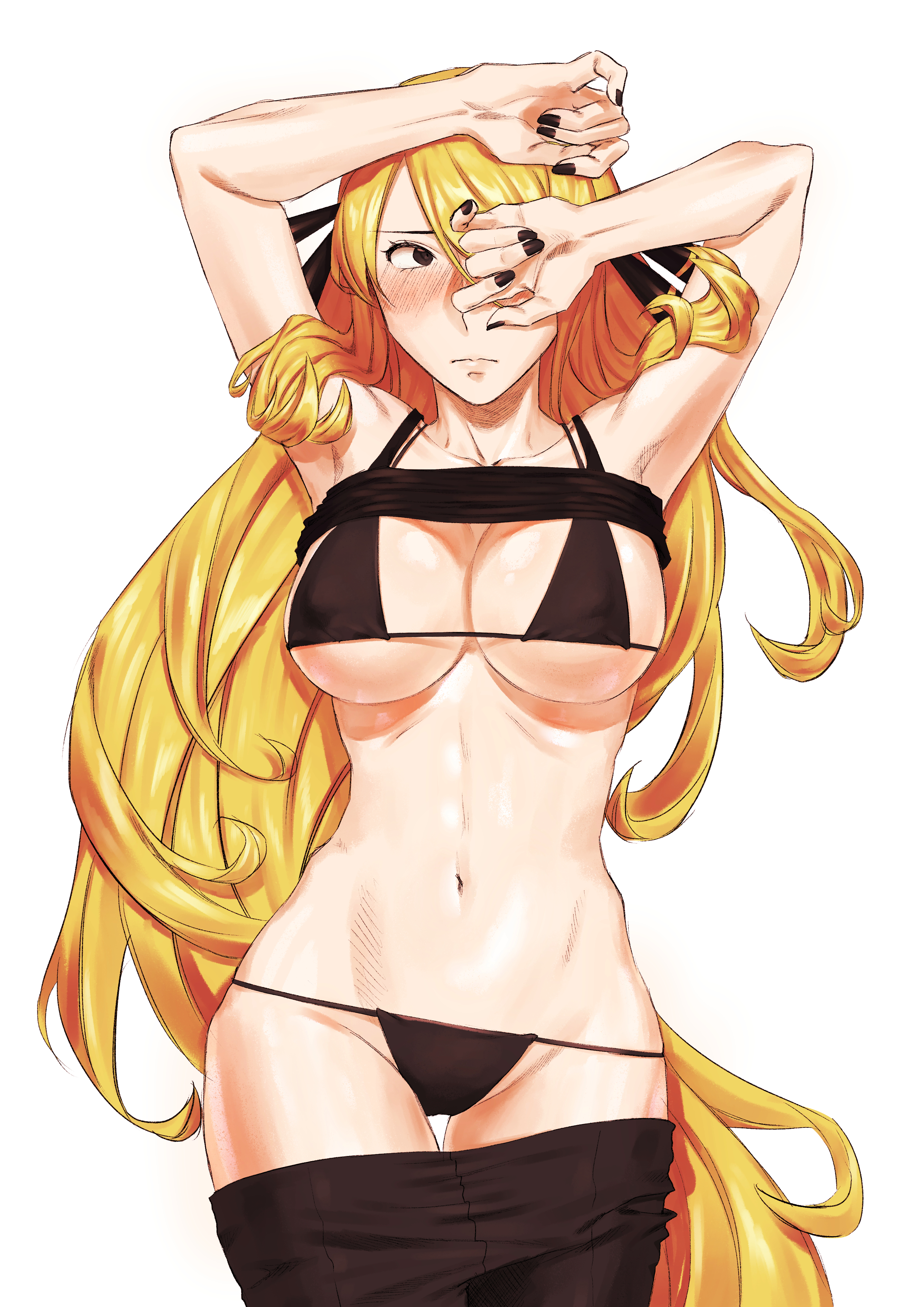 1girls, abs, big breasts, bikini, blonde hair, breasts, cynthia (pokemon), female, female only, human, nintendo, pokemon, pokemon dppt, thigh gap, underboob, white background