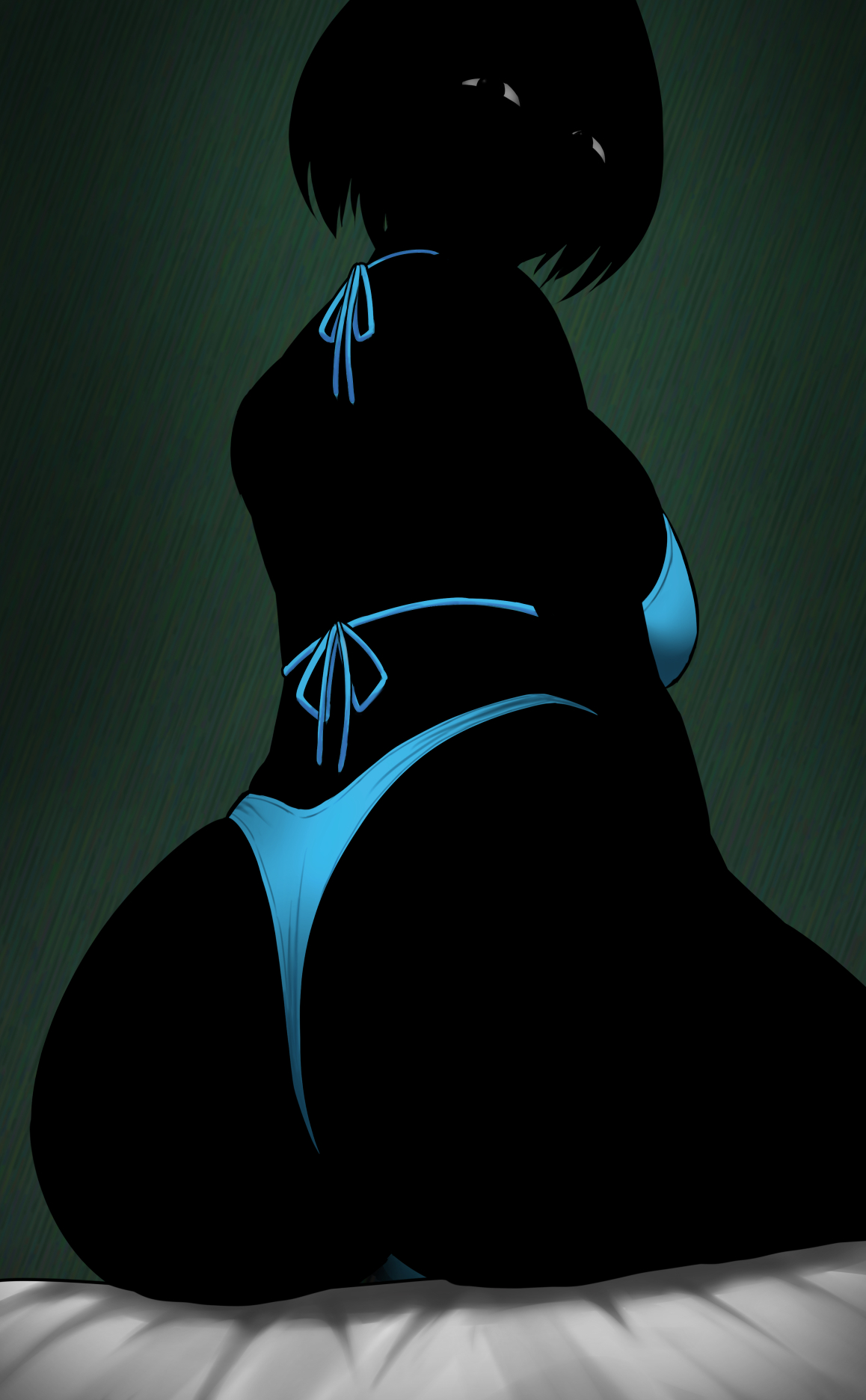1female, 1girl, 1girls, 2026, 2d, 2d (artwork), 2d art, 2d artwork, arms, ass, back, bikini, bikini bottom, bikini only, bikini strap, bikini strings, bikini top, black ass, black body, black butt, black hair, black legs, black pupils, black skin, blue bikini, blue bottomwear, blue topwear, boobs, breasts, butt, colored, digital, digital art, digital drawing, digital drawing (artwork), digital media, digital media (artwork), entity, eyes, female, female focus, female only, female solo, girl, girl focus, girl only, girl solo, hair, head, head turned, hips, legs, looking at viewer, looking back, looking back at viewer, nate hand gesture, neck, no watermark, non-human, nonhuman, on sheet, pixiv link, sheets, short hair, shoulder length hair, sitting, sitting position, solo, solo female, solo focus, solo girl, solo only, staring at viewer, tagme (artist), thighs, tied bikini, topwear, turned head, turning head, twitter link, twitter source, unknown species, white background, white sclera, white sheets