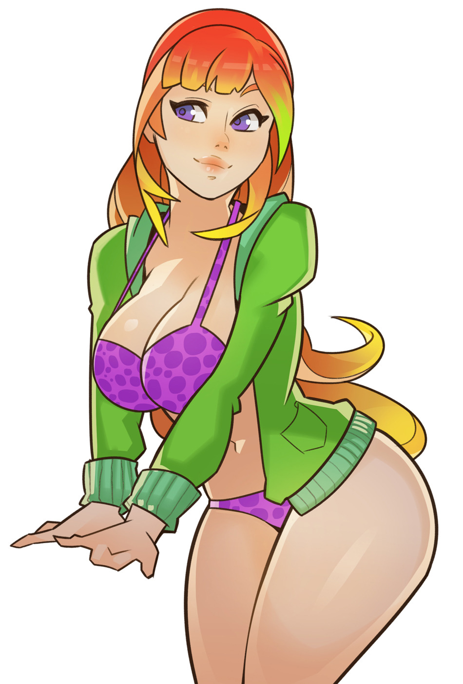 bikini, blonde hair, cleavage, female, hat, human, midriff, open clothes, open jacket, orange hair, purple eyes, solo, splashbrush, swimsuit, two-tone hair