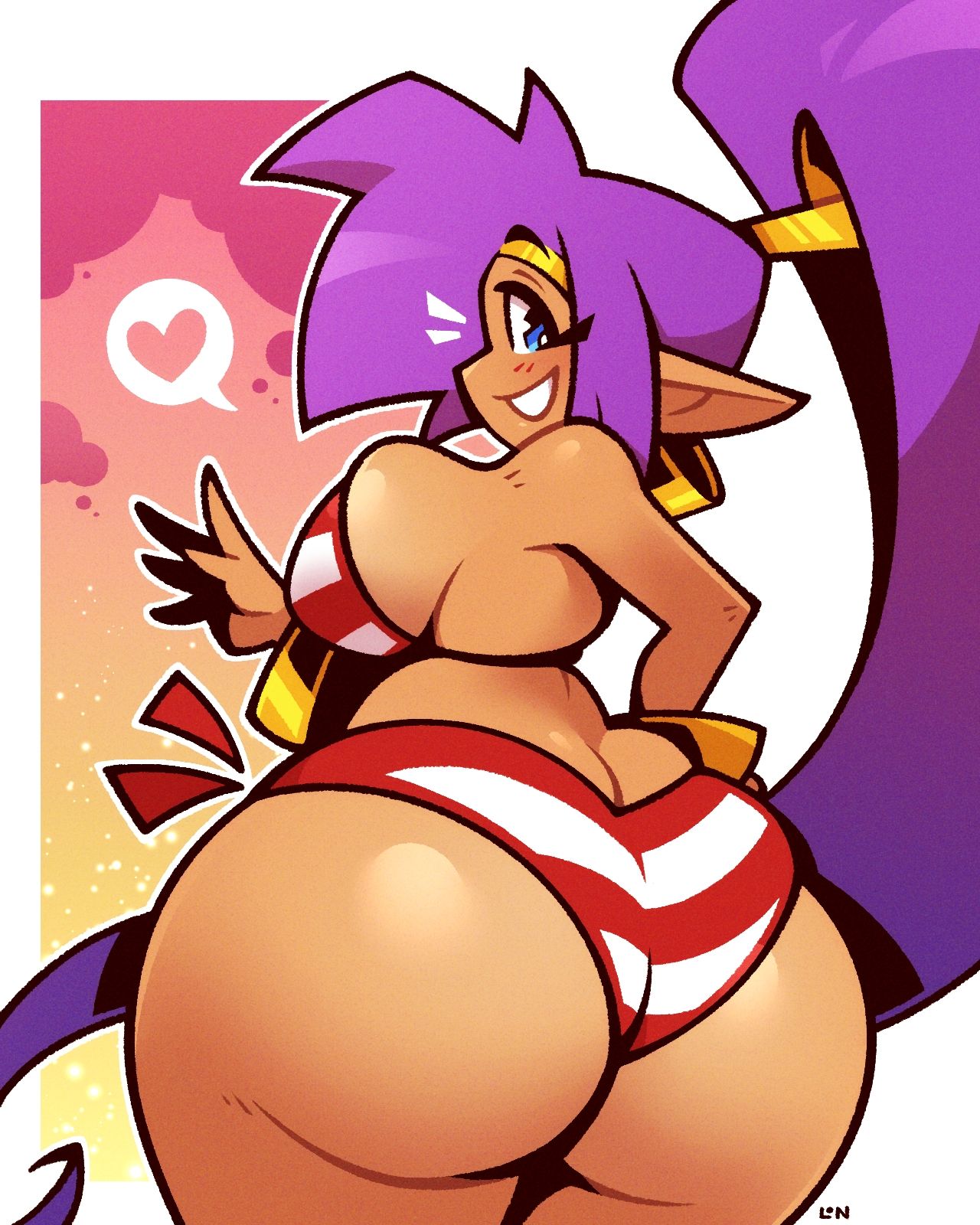 back view, big ass, big breasts, big butt, bikini, bikini bottom, bikini top, bottom heavy, fat ass, hand on hip, huge butt, large ass, legendofnerd, pointy ears, ponytail, sensual, sexy, shantae, shantae (character), sideboob, striped bikini, tagme, thick ass, thick thighs, thunder thighs, thunderthighs, wide hips