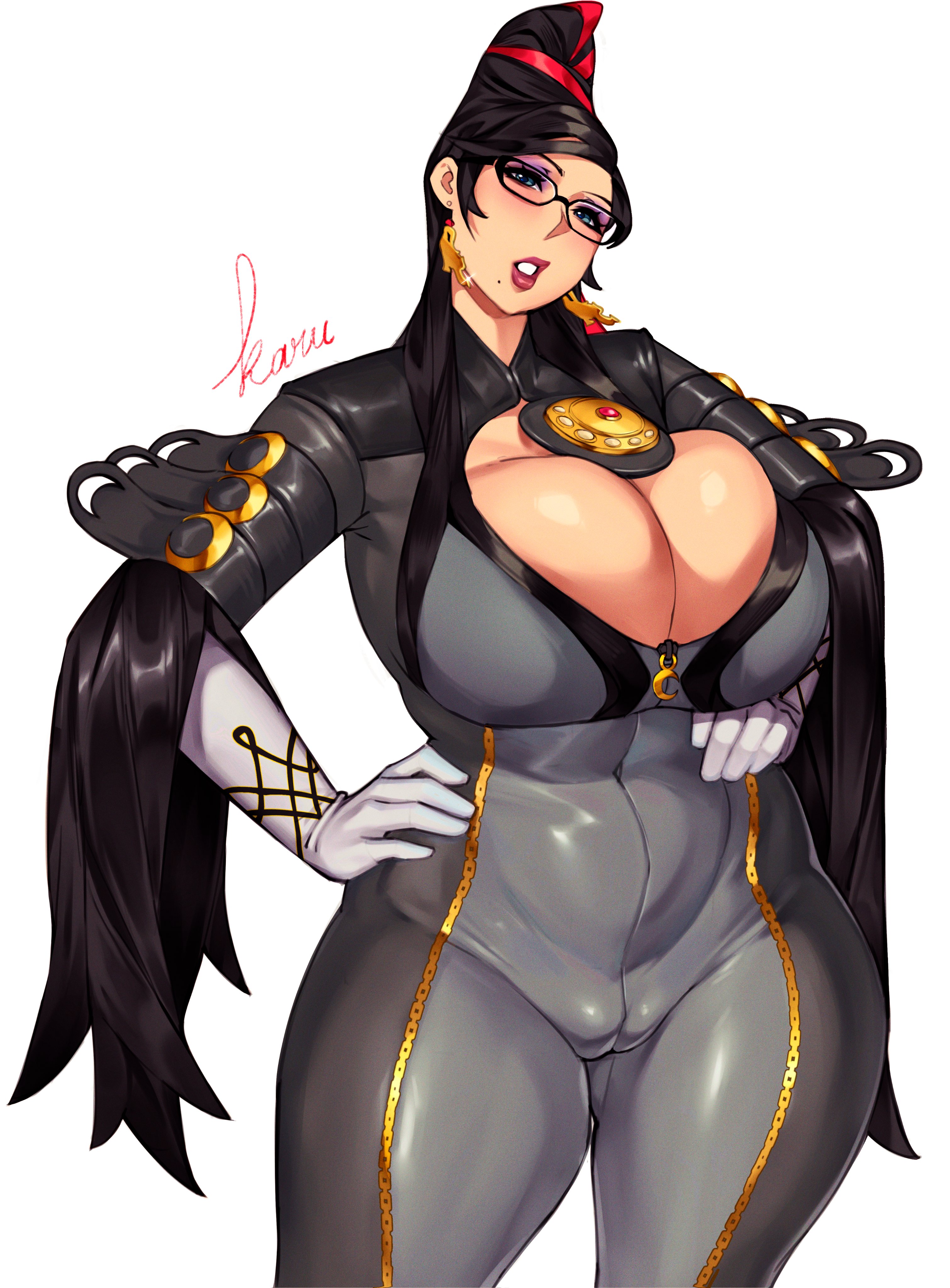 1girls, 2026, barely contained, barely contained breasts, bayonetta, bayonetta (character), big breasts, big thighs, birthmark, black hair, blue eyes, breasts, cameltoe, curvaceous, curvy, curvy female, dimples, ear piercing, earrings, glasses, hand on hip, hands on hips, huge breasts, huge thighs, karuro-kun, large breasts, light skin, light-skinned female, long hair, looking at viewer, make up, makeup, nintendo, plump, plump breasts, ponytail, ponytail female, pussy visible through clothes, red lips, red lipstick, sega, shiny breasts, shiny clothes, shiny skin, thighs, tight clothes, tight clothing, voluptuous, voluptuous body, voluptuous female, watermark, white skin, white skinned female