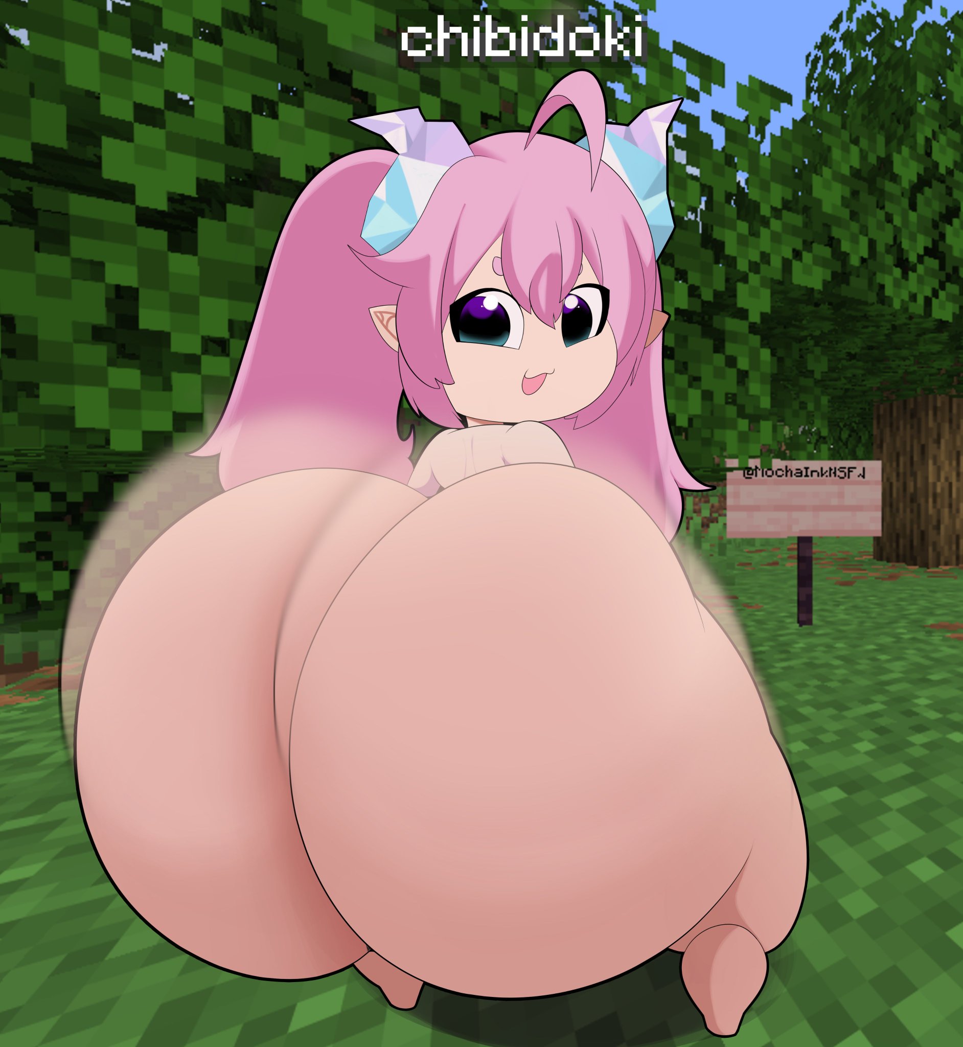 ass bigger than body, ass bigger than head, ass bigger than torso, chibidoki, forest, huge ass, hyper ass, looking back, minecraft, mochaink, nub feet, pink hair, trees, twerking, vtuber