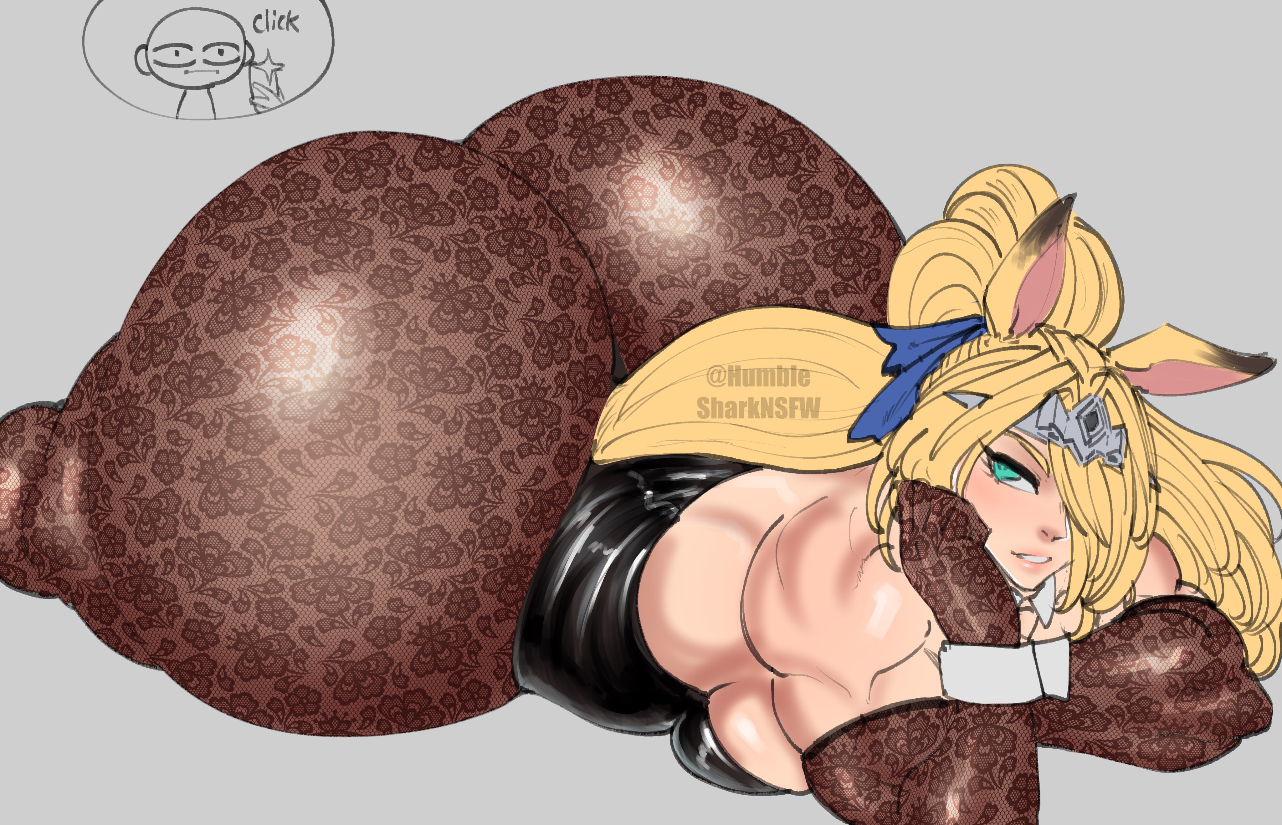 1boy, 1girls, 2d, alternate version available, ass, big ass, big butt, big thighs, bottom heavy, breasts, fat ass, female, horse ears, horse girl, huge ass, humble shark, light skin, light-skinned female, looking at viewer, lying, lying down, lying on stomach, male, mihoyo, muscular female, pantyhose, sigrid de l'azur, solo, solo female, tagme, taking picture, thick thighs, thighs, thong leotard, white background, zenless zone zero