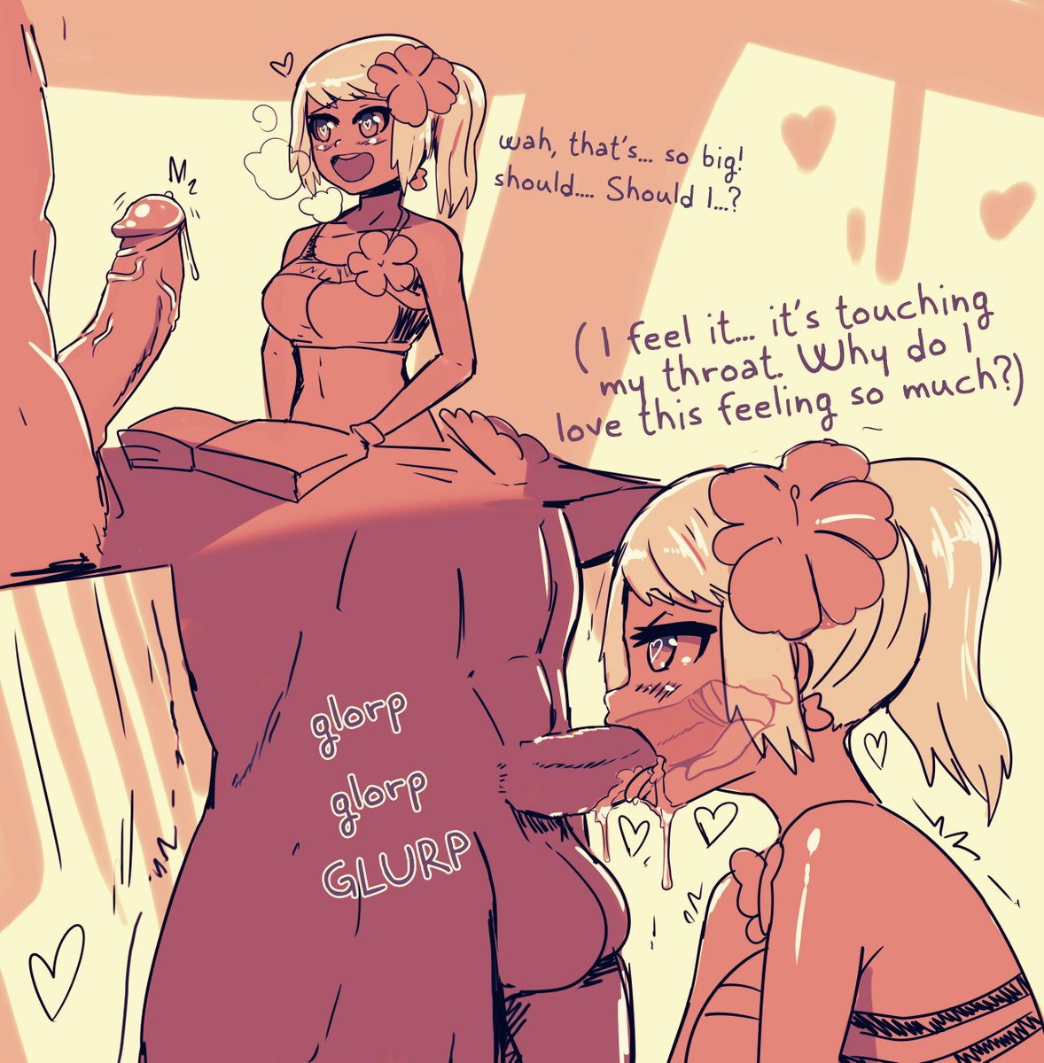 1boy, 1girls, balls, blonde hair, comic, crop top, english text, fellatio, female, flower, hair ornament, heart, heart-shaped pupils, hi res, male, medium hair, medium-haired female, oral, oral penetration, partial male, penis, ponytail, precum, precum drip, saliva, saliva drip, tagme, tan skin, tan-skinned female, tan-skinned male, text, uncensored, wolfgang bang, x-ray, yellow-haired female
