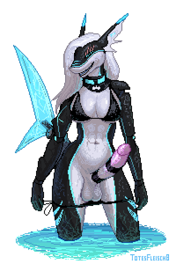 2:3 alpha_channel anthro balls bikini blonde_hair breasts clothing cyber erection fish furry futanari genitals glowing gynomorph hair intersex marine no_humans penis pixel pixel_art scalie shark sharkie swimwear totesfleisch8 transparent_background