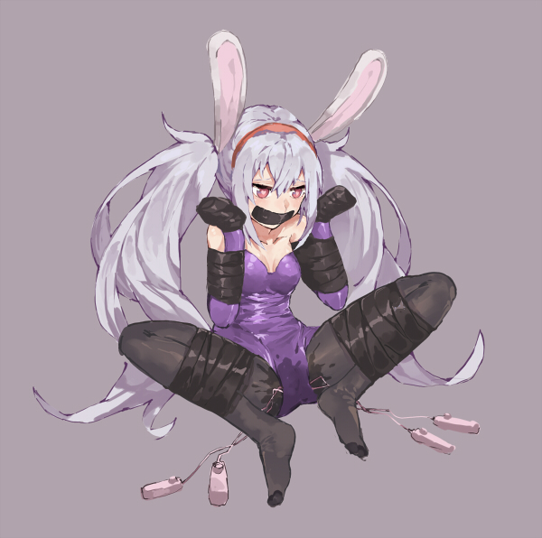 amiba (amiba00638239), animal ears, azur lane, bare shoulders, bitchsuit, black legwear, blush, bondage, bound, bound arms, bound legs, breasts, bunny ears, bunnysuit, clothing, collarbone, controller, elbow gloves, female, full body, gag, gagged, gloves, hairband, hands up, heart, heart-shaped pupils, improvised gag, laffey (azur lane), leotard, long hair, medium breasts, pantyhose, pink eyes, purple background, purple gloves, purple leotard, pussy, pussy juice, red hairband, remote control, remote control vibrator, shiny, shiny clothes, silver hair, simple background, sitting, solo, spread legs, strapless, strapless leotard, symbol-shaped pupils, tape, tape gag, tied hair, twintails, vibrator, vibrator cord, vibrator under clothes, wet, wet clothes