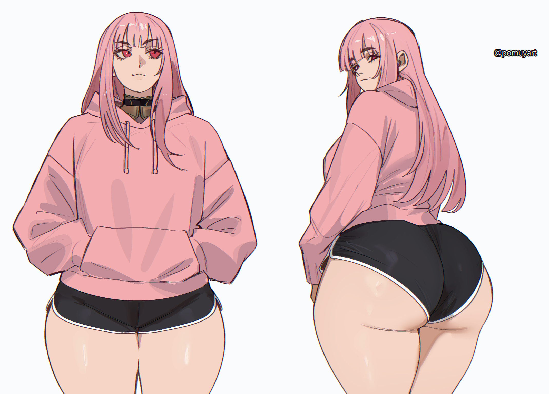 1girls, ass, clothing, fully clothed, hololive, hololive english, hololive myth, hoodie, huge ass, light-skinned female, looking at viewer, looking back, looking over shoulder, mori calliope, multiple views, pink hair, pomuya, red eyes, shorts, thick thighs, thighs, virtual youtuber, vtuber, white background