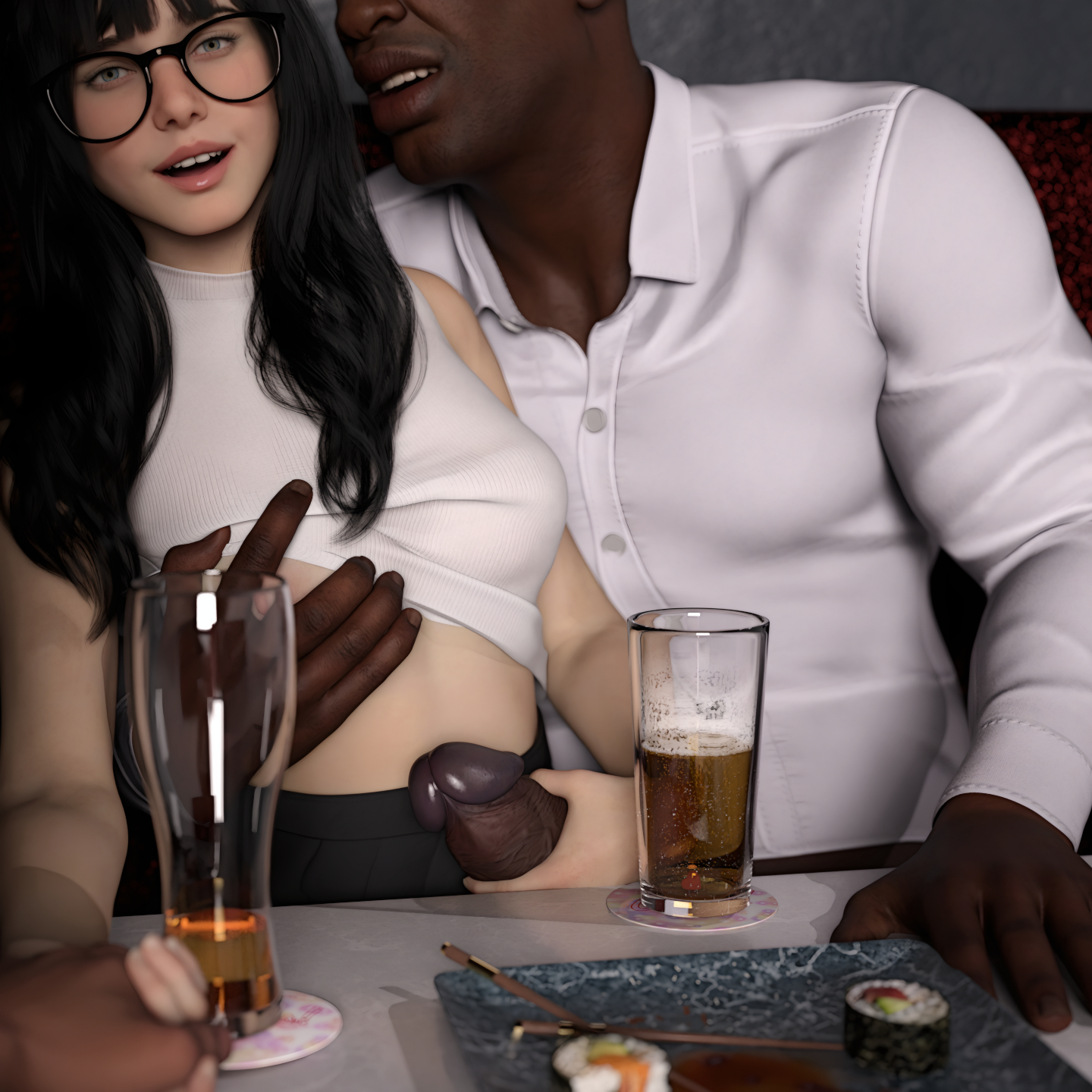 3d, alcohol, alcoholic drink, bangs, beer, breast grab, breasts out, cheating, cheating wife, cuckold, cuckold pov, dark-skinned male, dress, english text, forced handjob, glasses, handjob, hdr ntrgirl, hdregrets, interracial, looking at viewer, netorare, ntr, pov, text, wife