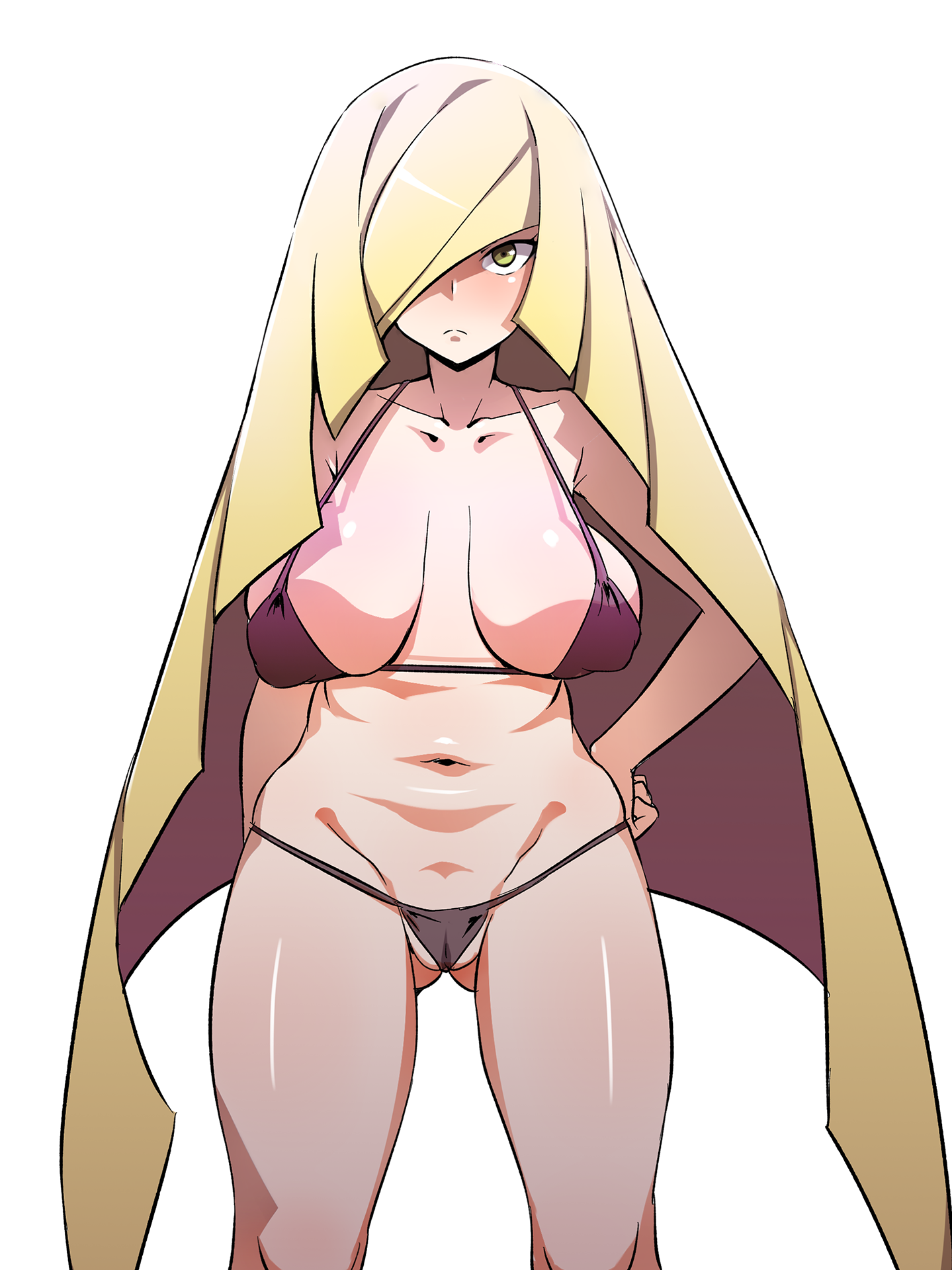 1girls, aether foundation, belly, big breasts, bikini, blonde hair, breasts, cameltoe, cleavage, female, female only, furau, green eyes, hair over one eye, hand on hips, human, large breasts, looking at viewer, lusamine (pokemon), milf, mother, navel, nintendo, pokemon, pokemon sm, pussy, sagging breasts, white background