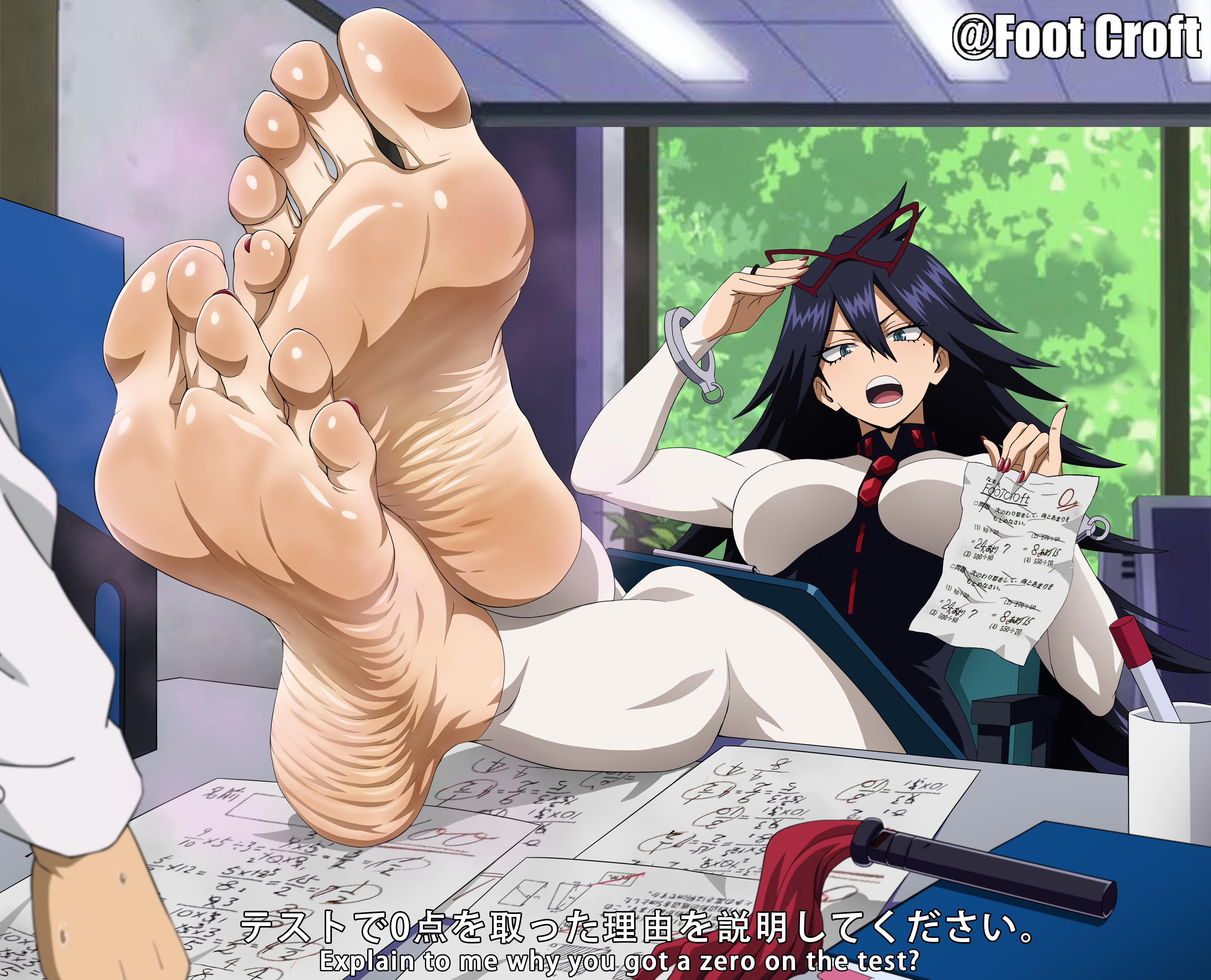 barefoot, big feet, boku no hero academia, classroom, desk, english text, feet on desk, feet up, foot fetish, footcroft, japanese text, kayama nemuri, looking at viewer, midnight (my hero academia), my hero academia, nemuri kayama, offscreen character, red toenails, soles fetish, student, superhero costume, superheroine, teacher, teacher and student, toenail polish, toes, wrinkled soles