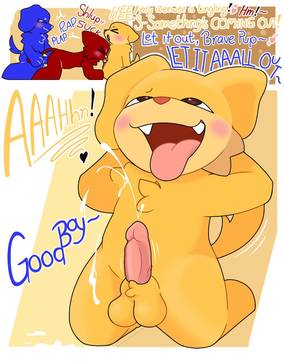 3boys, andy, anthro, anthro on anthro, anthro only, anthro penetrated, anthro penetrating, artist request, balls, ballsack, blue body, blue fur, blush, blush lines, blushing, canid, canine, chaz barkley, chaz barkley(bruce bronze), cock, comic, comic page, cub, cumming, dick, felid, feline, floppy ears, furry, furry male, furry only, hands behind head, hands-free, handsfree ejaculation, male, male cub, male only, mascot horror, moaning, moaning in pleasure, penetration, penetration from behind, penis, penis in ass, red body, red fur, riley augestine, riley augestine(bruce bronze), sticking out tongue, sticking tongue out, sucking penis, text, tongue, tongue out, yellow body, yellow fur, young, young anthro, young male, younger anthro, younger male