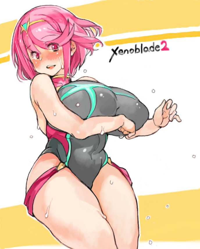 1girls, arm under breasts, blush, breasts, color, curvy, female, huge breasts, leotard, navel, nipple bulge, open mouth, pink eyes, pink hair, pyra, pyra (pro swimmer) (xenoblade), sachito, smile, standing, sweat, swimsuit, thighs, wet, wide hips, xenoblade (series), xenoblade chronicles 2