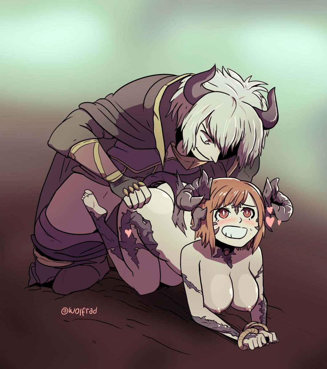 1boy, 1girls, ambiguous penetration, areolae, ass, ass grab, ass up, bare shoulders, barefoot, bent over, big breasts, blush, bondage, bottomless, bound wrists, breasts, clenched teeth, clothed male nude female, clothing, doggy style, drooling, female, freckles, from behind, gradient background, grey eyes, hanging breasts, happy, happy sex, happy sub, heart, horn, horns, kneeling, large breasts, leaning forward, male, nipples, no bra, no panties, orange hair, original, original character, original characters, pants down, penetration, red eyes, red hair, reiko bakuhatsu, restrained, rolling eyes, rope, rope bondage, sex, short hair, slit pupils, smile, spoken heart, straight, sweat, sweatdrop, tail, tied up, topless, white skin, wolfgang bang