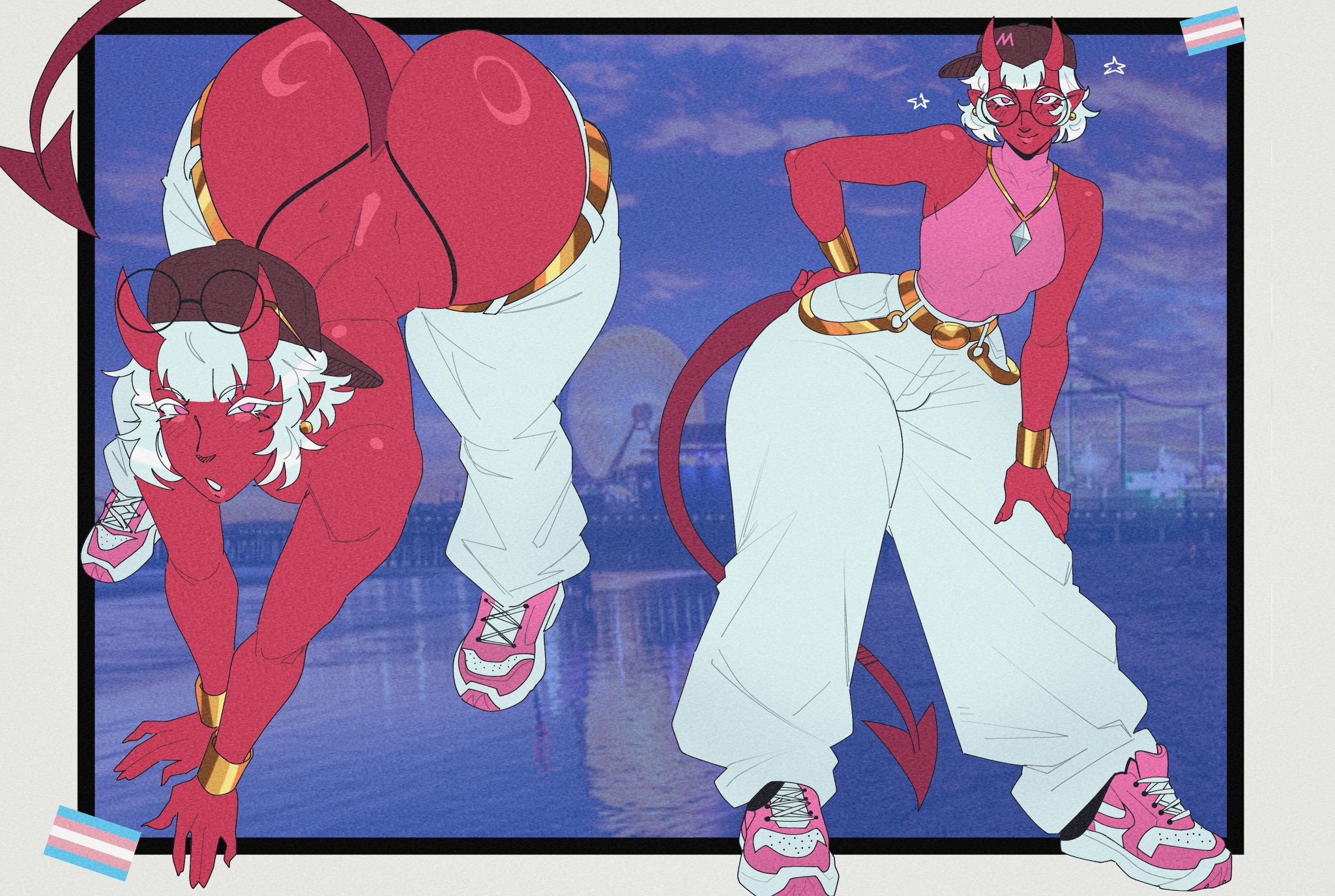 1girls, 2026, 2d, ass, bending forward, bent over, big ass, bottomwear, bottomwear halfway down, bracelets, clothed, clothed female, dat ass, demon, demon girl, demon horns, demon tail, devil horns, devil tail, ear piercing, earrings, gauntlets, glasses, glasses on head, hat, huge ass, johnv, jordans, piercing, pink eyes, pride flag, red body, red skin, sleeveless, sleeveless shirt, sneakers, solo, solo female, solo focus, spade tail, suspender straps, tank top, thong, trans woman, transgender flag, transgender pride colors, white hair