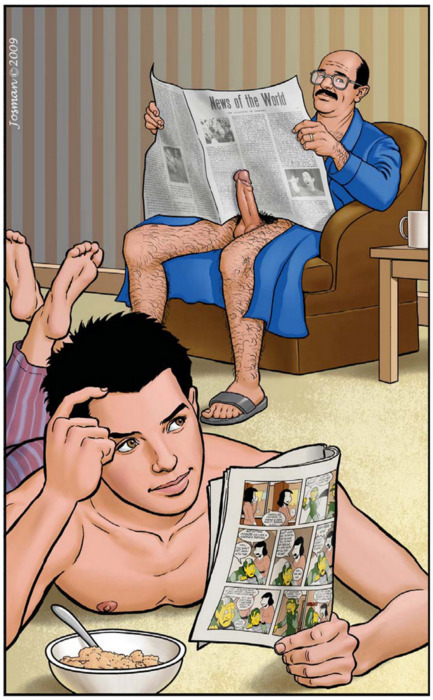 2boys, age difference, balding, barefoot, black hair, brown eyes, comic, dilf, erection, facial hair, father, father and son, female, glasses, hairy, handjobs magazine, human, human only, incest, josman, male, male focus, male only, multiple boys, multiple males, mustache, newspaper, older female, penis, pubic hair, robe, size difference, son, teenage male, teenager, topless, younger male