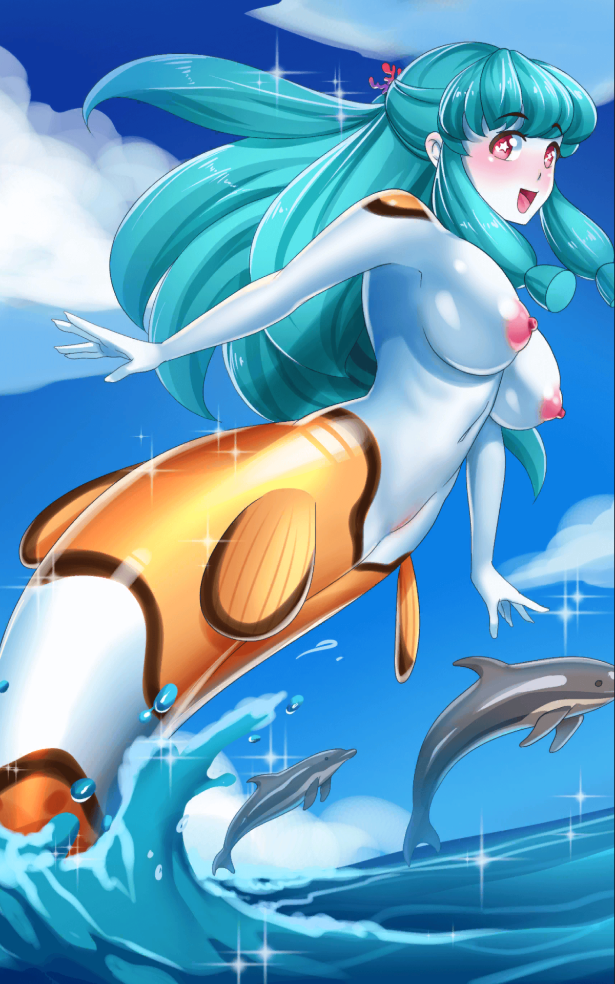 bare breasts, booty calls, breasts, clownfish, coral (booty calls), cyan hair, dolphin, female, merfolk, mermaid, naked, ocean, unusual anatomy, unusual eyes, unusual pupils