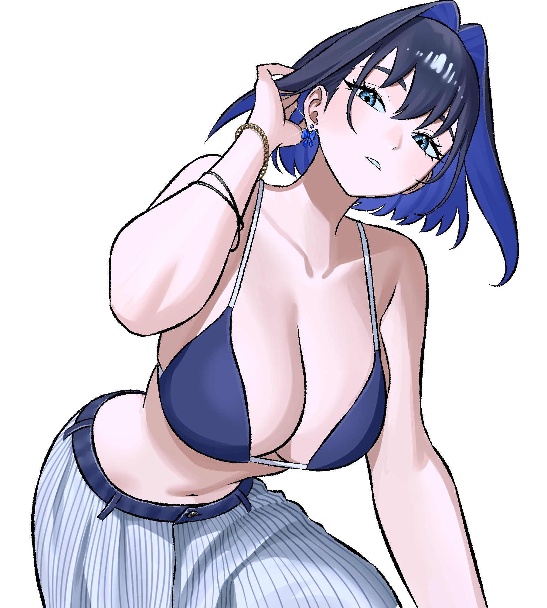 1girls, accessories, arm down, arm up, bare shoulders, beautiful, beautiful woman, belt loop, belted skirt, bending over, bent over, big breasts, bikini, bikini top, blue eyes, blue hair, bottomwear, bracelet, bracelets, breasts, brushing hair, busty, busty female, clavicle, cleavage, clothed, clothed female, ear piercing, earrings, eyebrows, eyebrows visible through hair, female, female focus, hair intakes, hair vents, hand in hair, hanging breasts, heavy breasts, hips, hololive, hololive english, hololive english -council-, hololive english -promise-, huge breasts, large breasts, leaning forward, looking at viewer, looking down, looking down at viewer, midriff, mouth open, narrow waist, navel, ouro kronii, pierced ears, ribbon, ribbon earrings, short hair, simple background, skirt, solo, solo focus, striped skirt, swimsuit, swimwear, virtual youtuber, waist, white background, wide hips, zeon j