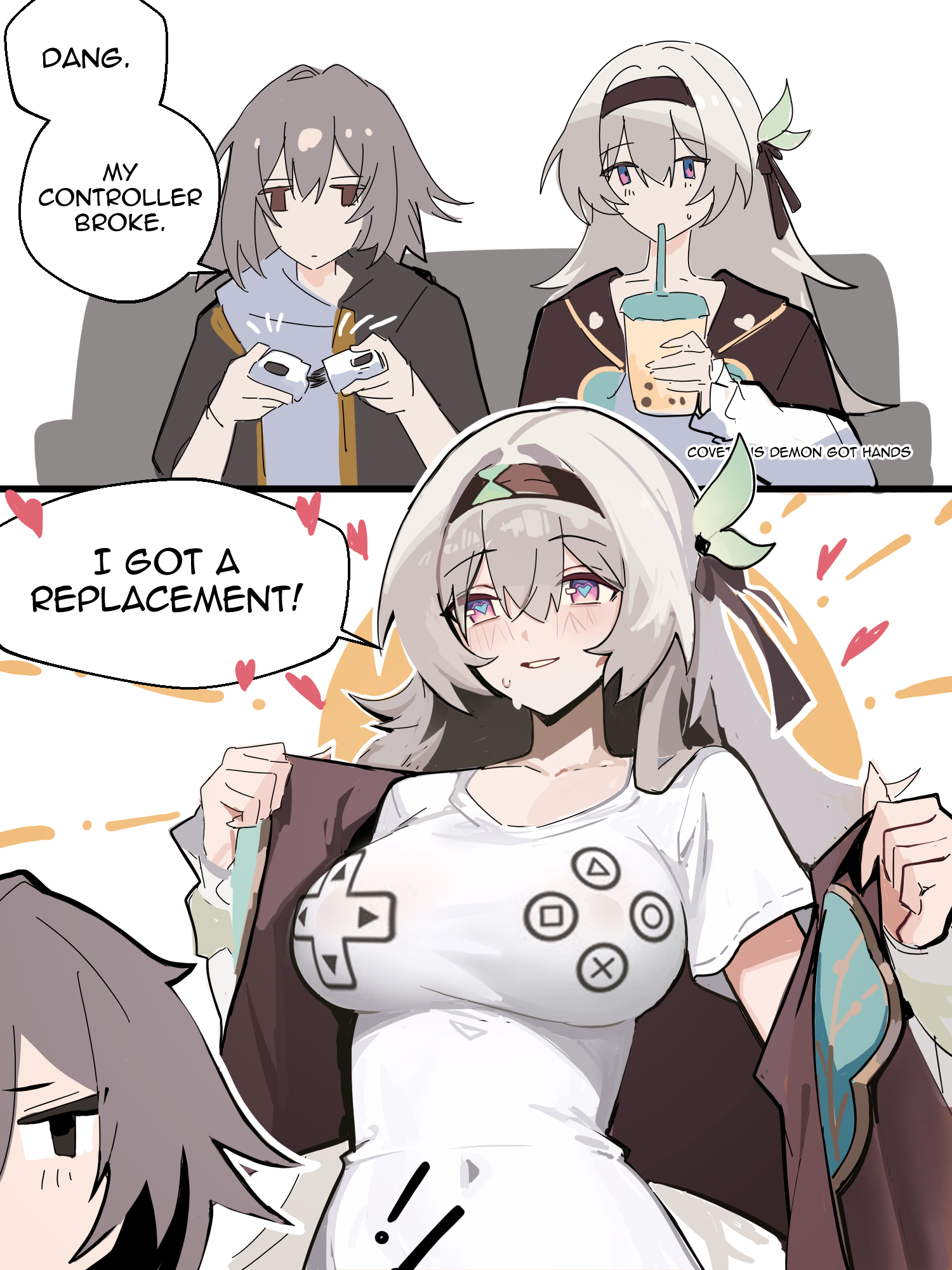 2girls, 2koma, baggy shirt, big breasts, blush, blushing, boba tea, breaking object, breasts, broken object, clothed, clothed female, comedy, comic, controller shirt, couch, dialogue, distr, distrbeachboy, drinking, drinking boba, english text, female, female focus, firefly (honkai: star rail), form fitting, gaming, gray hair, green eyes, green hair, hair between eyes, heart eyes, hearts, hearts around head, holding controller, holding object, honkai (series), honkai: star rail, hoyoverse, jacket, large breasts, lesbian, long hair, mouth open, navel, navel visible through clothes, ninra, object, opening shirt, removing clothing, seated, shirt, silver hair, simple background, sitting, stelle (honkai: star rail), stretched shirt, sweat, sweatdrop, sweatdrops, sweating, undershirt, undressing, white background, yuri