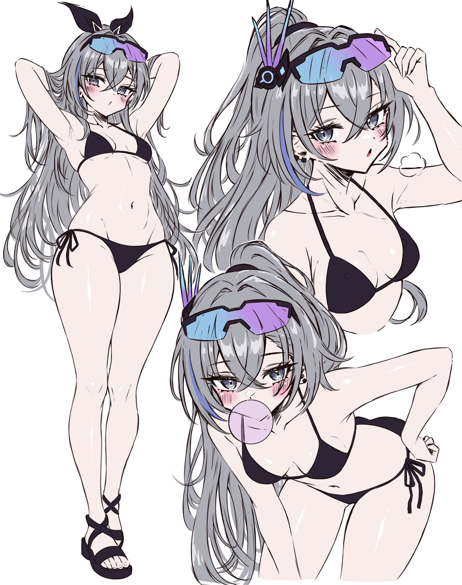 1girls, armpits, arms up, bandana, beachwear, bending over, bent over, bikini, black bikini, blowing bubblegum, blush, blushing, breasts, breasts apart, bubble gum, chewing gum, clavicle, clothed, clothed female, ear piercings, earrings, elbows up, eyebrows, eyebrows visible through hair, eyelashes, feet, female, female focus, fingernails, glasses on head, hair between eyes, hair bow, hair down, hair tied, hand on hip, hands behind head, hands in hair, hanging breasts, headband, hips, honkai (series), honkai: star rail, hoyoverse, leaning forward, legs, legs together, lifting sunglasses, light skin, light-skinned female, long hair, looking at viewer, midriff, mouth open, multiple images, narrow waist, navel, petite, petite body, petite female, pierced ears, ponytail, purple highlights, sandals, shiny skin, silver eyes, silver hair, silver wolf (honkai: star rail), simple background, small breasts, solo, solo focus, standing, sunglasses, sunglasses on head, swimsuit, swimwear, thighs, thighs together, toenails, toes, usa (usagi minku), waist, white background, wide hips