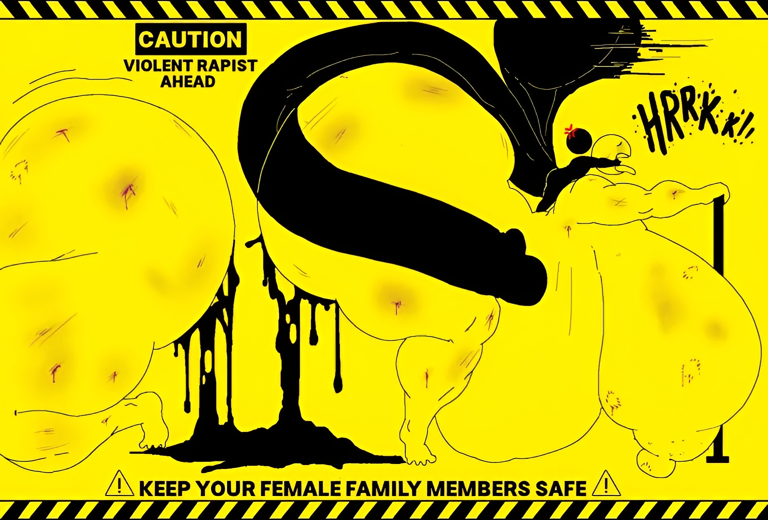 big penis, black body, child penetrating parent, fat ass, rape, scar, scars, small but hung, smaller male, unknown age, varix, violence, violent, violent rape, violent sex, warning, warning sign, warning sign person, warning symbol, yellow background