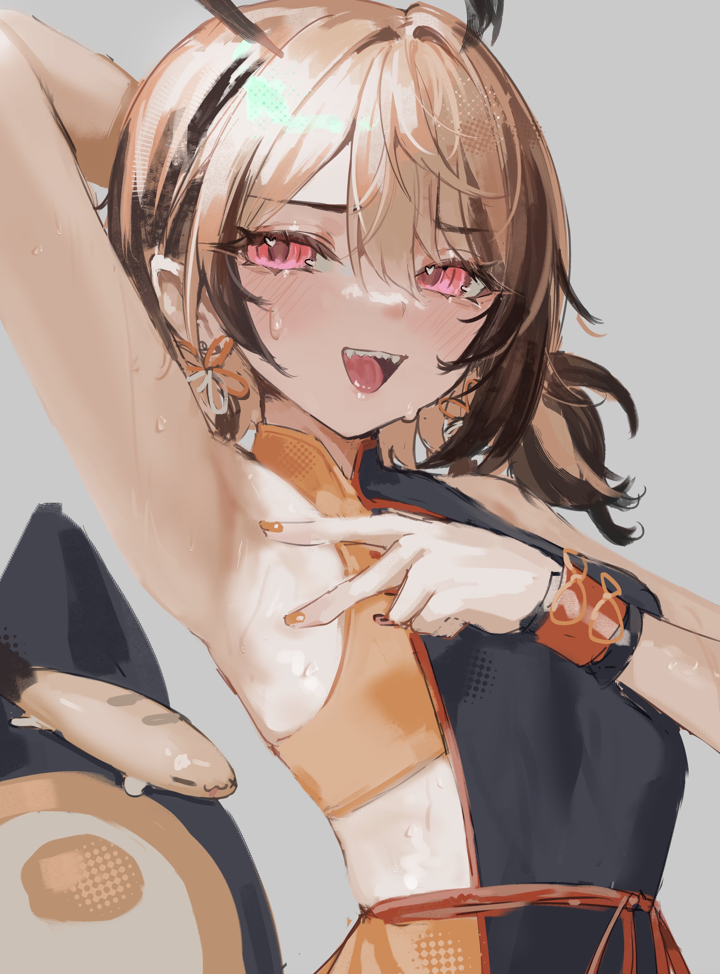 1girls, ahoge, arm up, armpit, armpit fetish, armpit focus, bare shoulders, belt, big ahoge, blonde hair, blush, blushing, breasts, brown hair, cheongsam, earrings, eyebrows, eyebrows visible through hair, eyelashes, female, female focus, fingernails, gigi murin, grem (gigi murin), heart eyes, hololive, hololive english, hololive english -justice-, light skin, light-skinned female, mascot, mouth open, multicolored hair, naokomama, painted nails, petite, petite body, petite female, pierced ears, pigtails, pink eyes, presenting armpit, qipao, sharp teeth, short hair, simple background, sleeveless, sleeveless dress, small breasts, solo, solo focus, spreading armpit, string belt, sweat, sweatdrop, sweatdrops, sweating, sweaty arms, sweaty body, sweaty face, tail, tail eye, virtual youtuber, wakipai, wristband