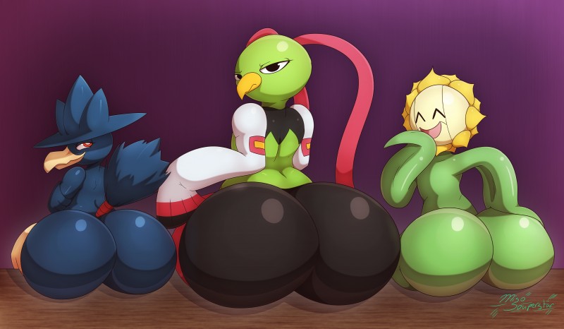 3girls ass back beak big_ass black_eyes black_skin blue_skin closed_eyes fat_ass female female_only green_skin huge_ass looking_at_viewer looking_back miso_souperstar murkrow nintendo nude open_mouth pokémon pokemon_gsc red_eyes smile sunflora text watermark white_skin xatu