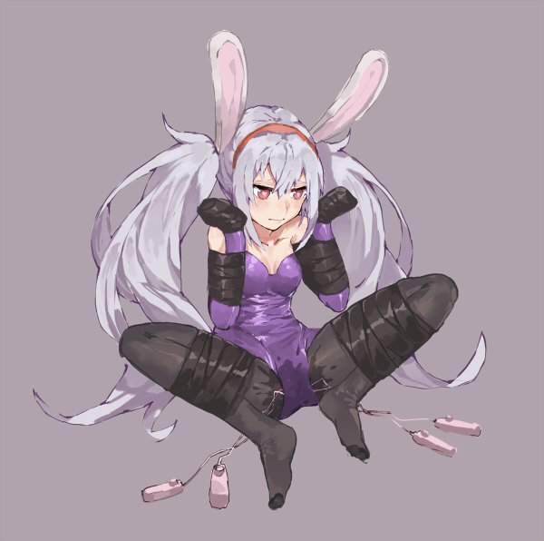 amiba (amiba00638239), animal ears, azur lane, bare shoulders, bitchsuit, black legwear, blush, bondage, bound, bound arms, bound legs, breasts, bunny ears, bunnysuit, closed mouth, clothing, collarbone, controller, elbow gloves, female, full body, gloves, hairband, hands up, heart, heart-shaped pupils, laffey (azur lane), leotard, long hair, medium breasts, pantyhose, pink eyes, purple background, purple gloves, purple leotard, pussy, pussy juice, red hairband, remote control, remote control vibrator, shiny, shiny clothes, silver hair, simple background, sitting, solo, spread legs, strapless, strapless leotard, symbol-shaped pupils, tied hair, twintails, vibrator, vibrator cord, vibrator under clothes, wet, wet clothes