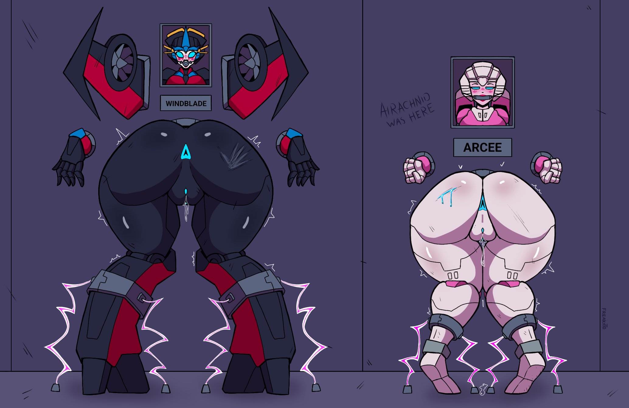 2girls, arcee, ball gag, big ass, blush, chained, cybertronian, freakyyto, pussy, pussy juice, pussy juice drip, robot girl, slap mark, stuck in wall, transformers, windblade