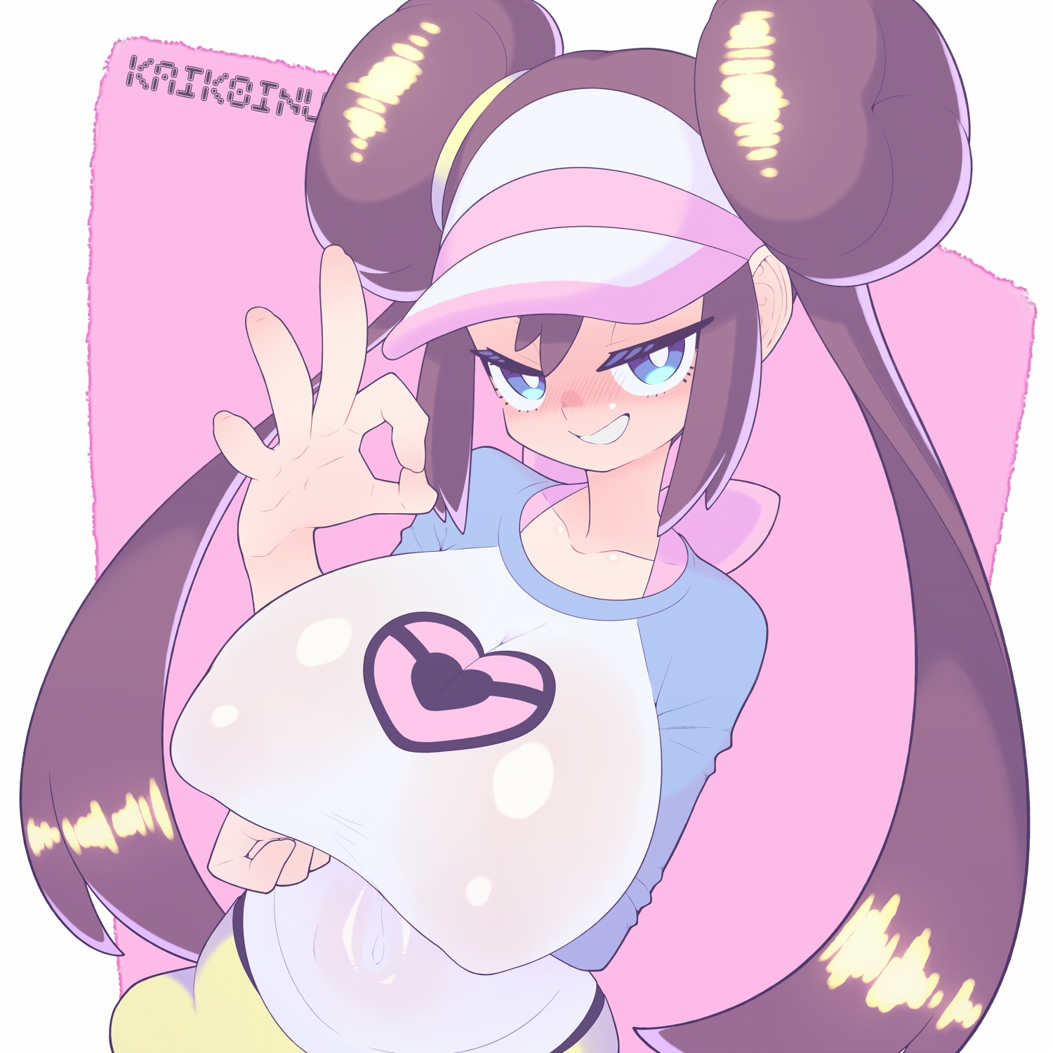 1girls, breasts, erect nipples, erect nipples under clothes, female, female focus, female only, kaikoinu, large breasts, light skin, light-skinned female, looking at viewer, mei (pokemon), nintendo, pokemon, rosa (pokemon), solo, suggestive gesture, twintails, wide hips