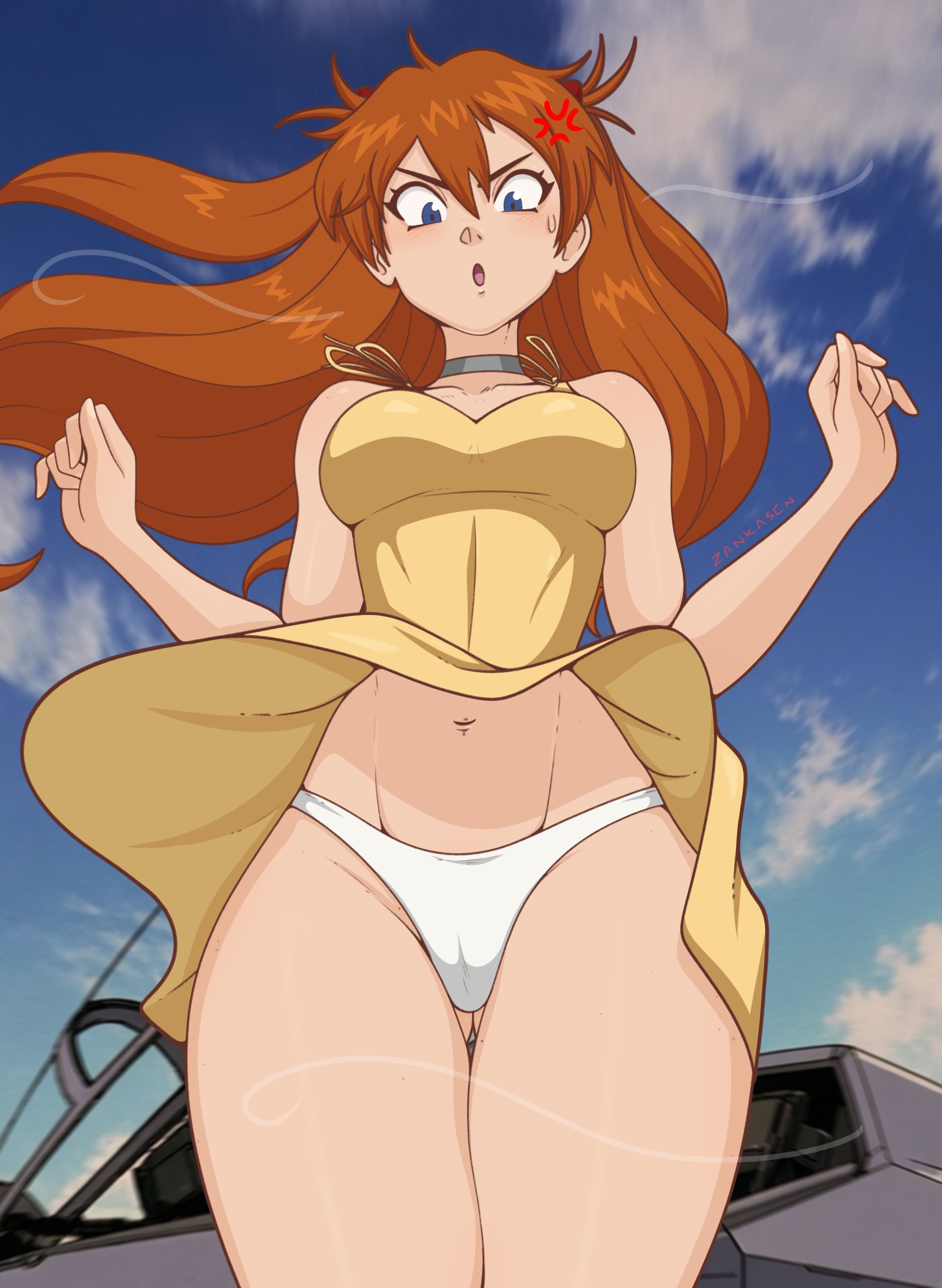 1girls, asuka langley sohryu, dress, dress lift, neon genesis evangelion, panties, upskirt, wind, zankasen