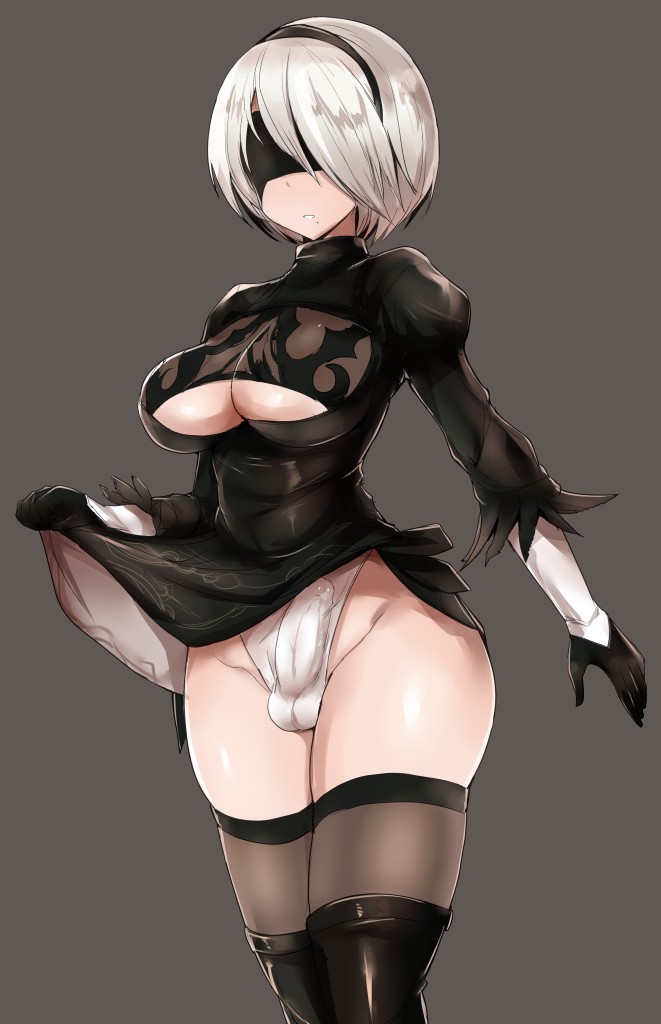 1futa, android, ass, balls, balls in panties, breasts, bulge, cameltail, cleavage, curvy, erection, erection under clothes, erection under skirt, futa only, futanari, horny, intersex, large ass, large breasts, nier, nier: automata, panties, panty bulge, penis, penis in panties, penis under clothes, penis under skirt, skirt, skirt lift, solo, solo futa, stockings, ubanis, white hair, yorha 2b