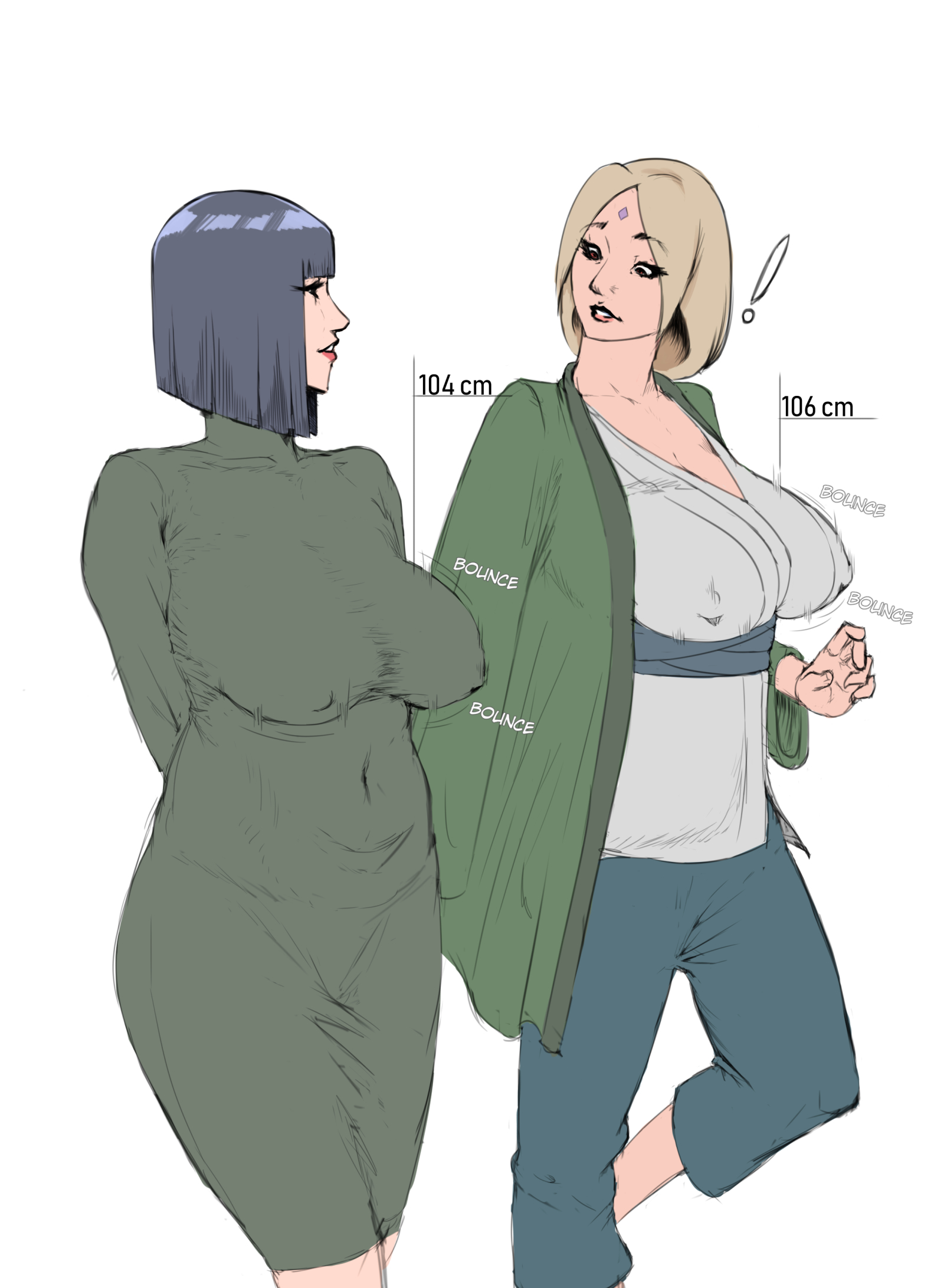!, 2girls, black hair, blonde hair, boruto: naruto next generations, breasts, clothed, dress, english text, erect nipples, female, female only, huge breasts, hyuuga hinata, multiple females, multiple girls, naruto, naruto (series), nipples, text, tsunade, uzumaki hinata, white background, wide hips, zetomeso
