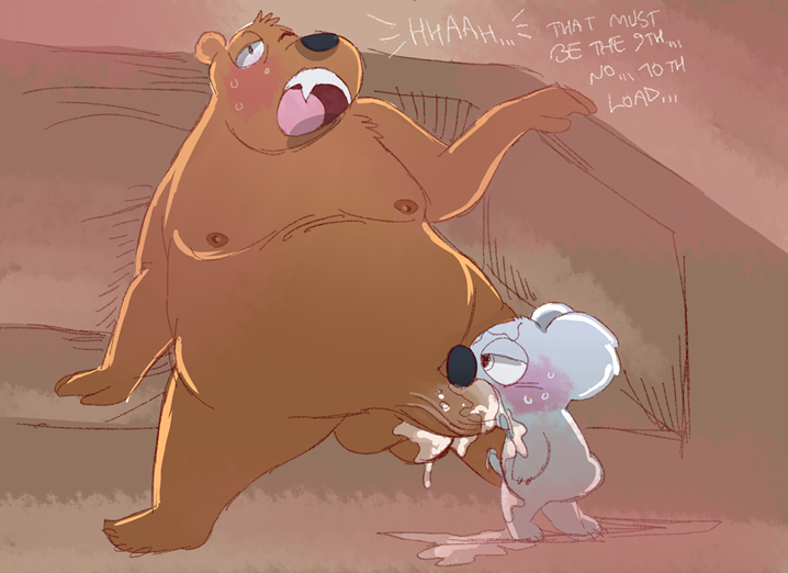 anthro balls bear cartoon_network cum cum_in_mouth cum_inside duo fellatio grizzly_(wbb) grizzly_bear koala male mammal marsupial nom_nom_(wbb) oral penis sex size_difference thiger we_bare_bears yaoi