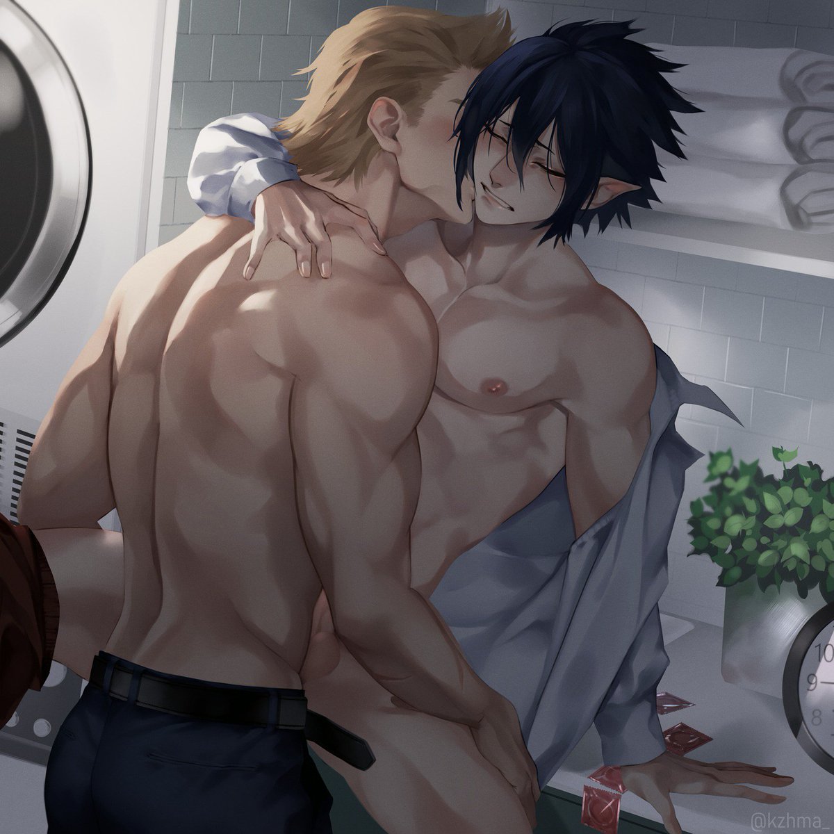 2boys abs amajiki_tamaki black_hair blonde_hair closed_eyes condom gay half_naked kzhma male_only mirio_togata my_hero_academia neck_kiss tamaki_amajiki togata_mirio topless yaoi