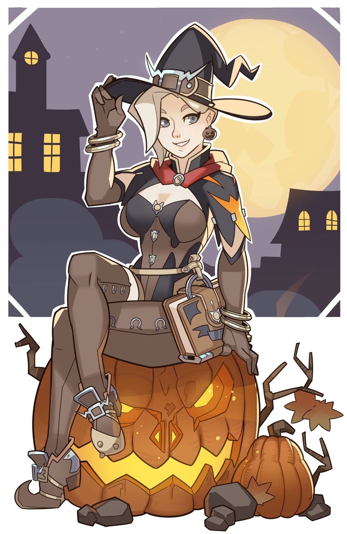 alternate costume, blonde hair, cleavage, crossed legs, earrings, female, grey eyes, hat, human, mercy, overwatch, sitting, solo, splashbrush, witch, witch hat, witch mercy