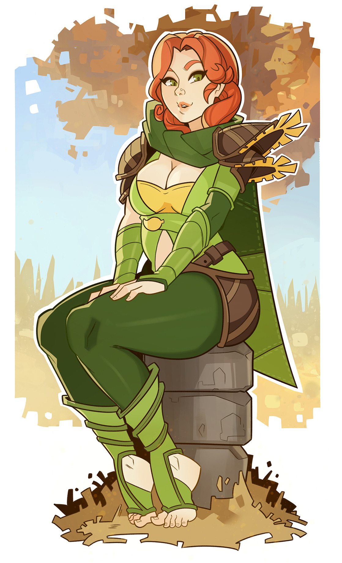 1girls, 2d, cleavage, dota, dota 2, female, female only, green eyes, hands on knees, human, human female, human only, lyralei, midriff, nose, piercing, red hair, sitting, solo, splashbrush, valve corporation, windranger
